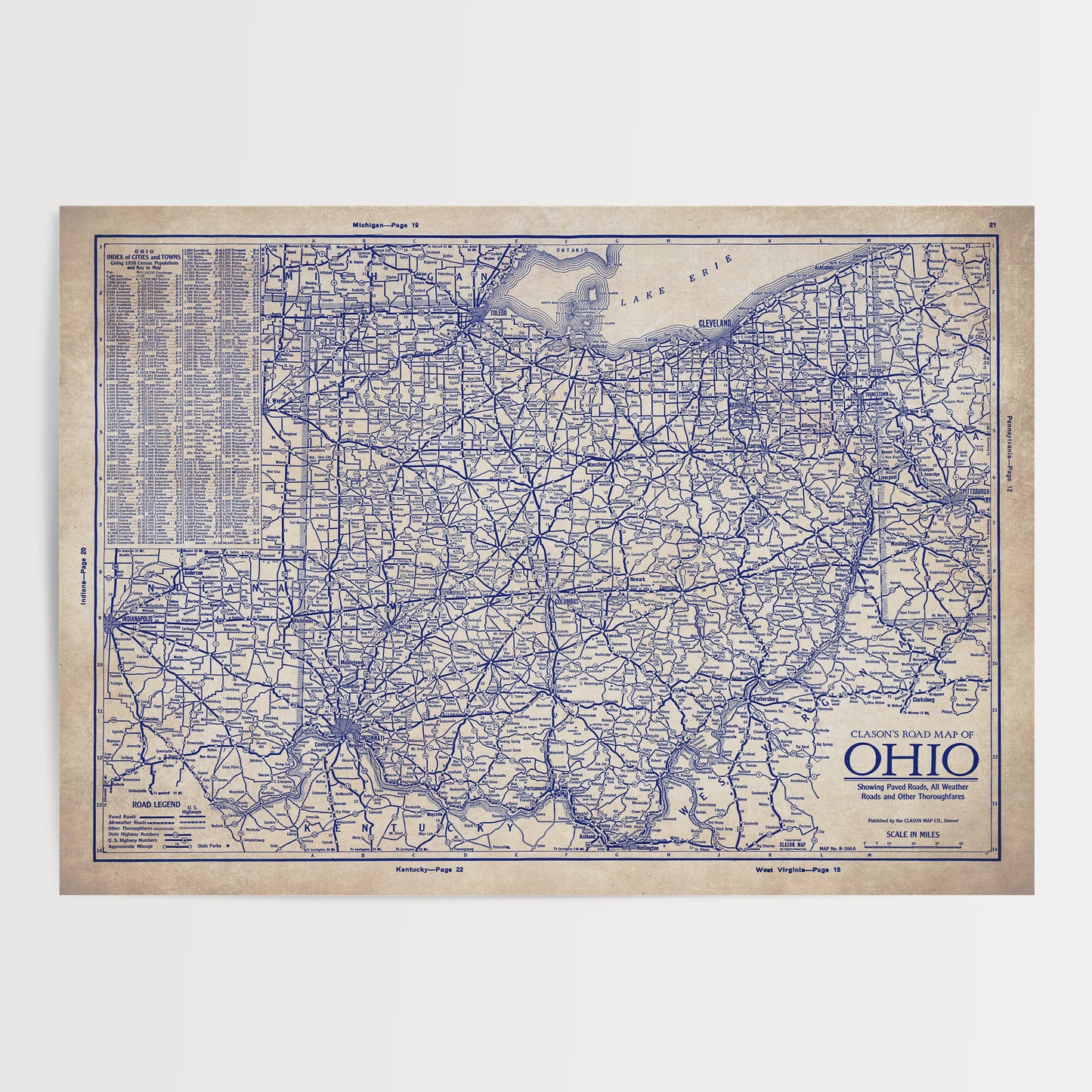 The image is a vintage map of the United States, specifically the state of Ohio, showing the state's roads and highways.