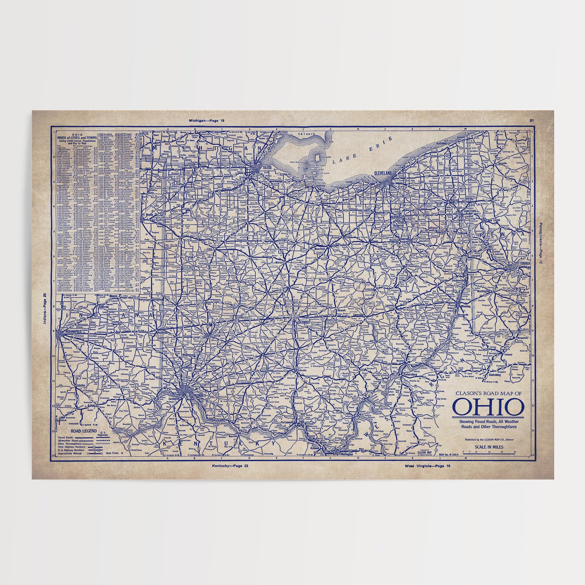 The image is a vintage map of the United States, specifically the state of Ohio, showing the state's roads and highways.