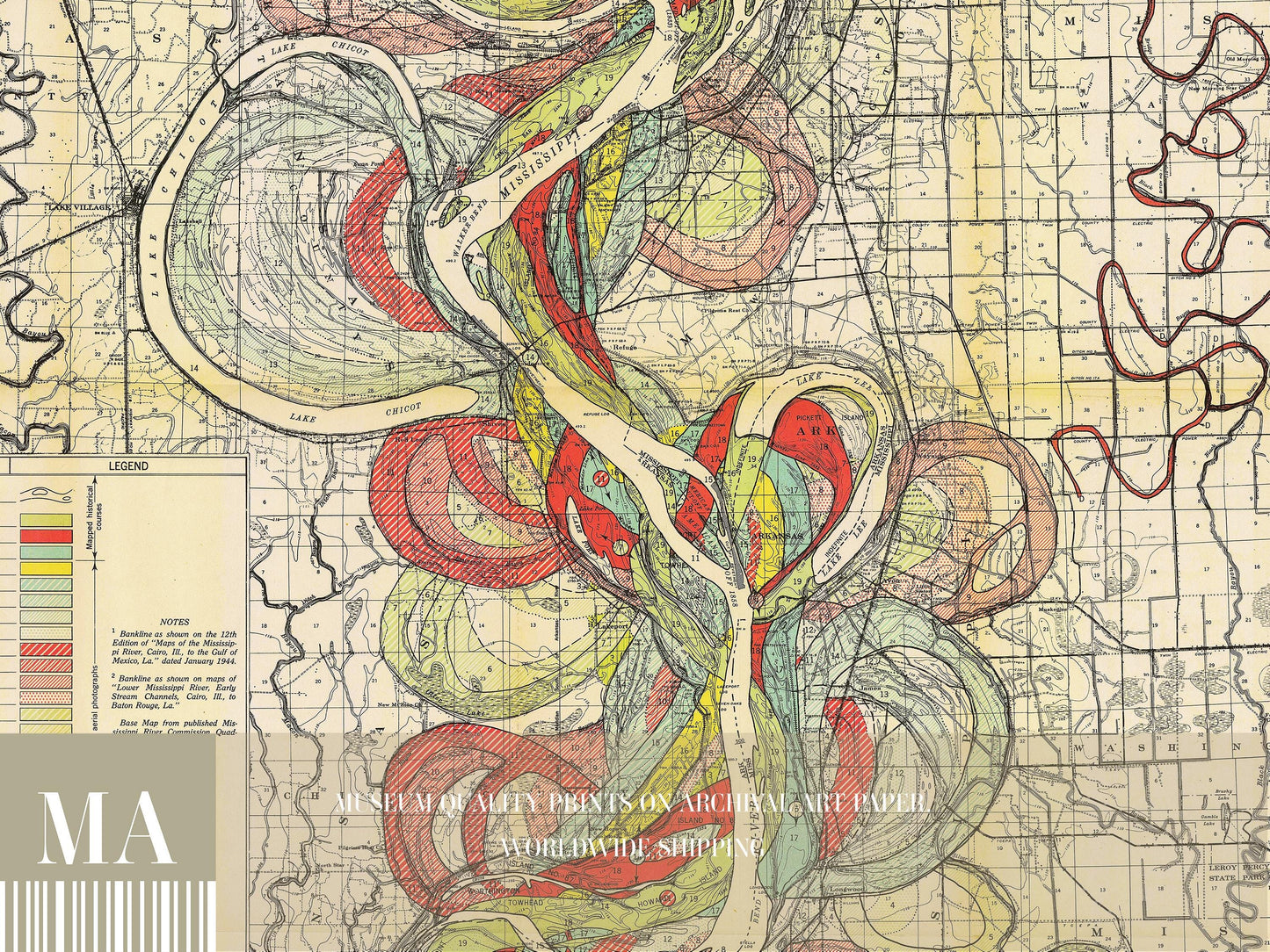 Harold Fisk Mississippi River Map Print, Greenville to Vicksburg, Plate 22, Sheet 9