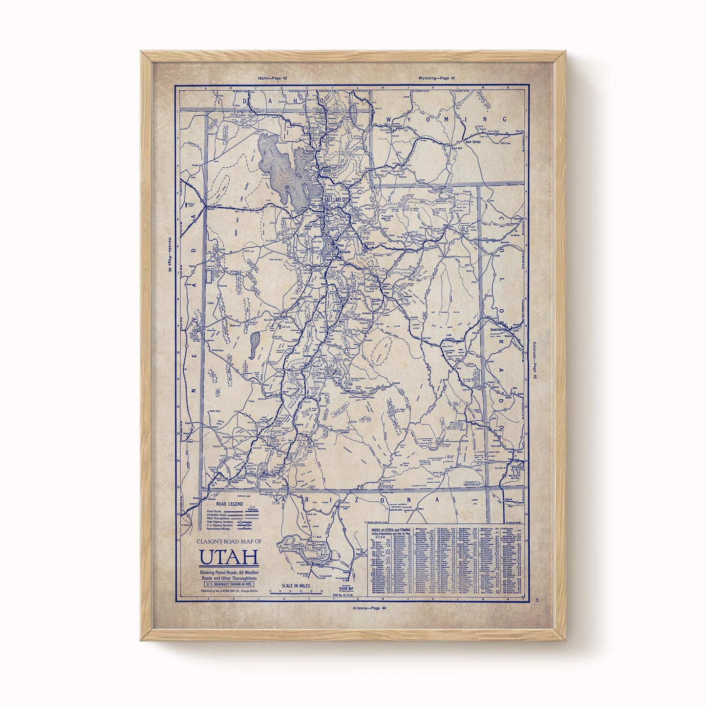 The image is a framed vintage map of Utah, depicting the state's roads and highways in a detailed and detailed manner.