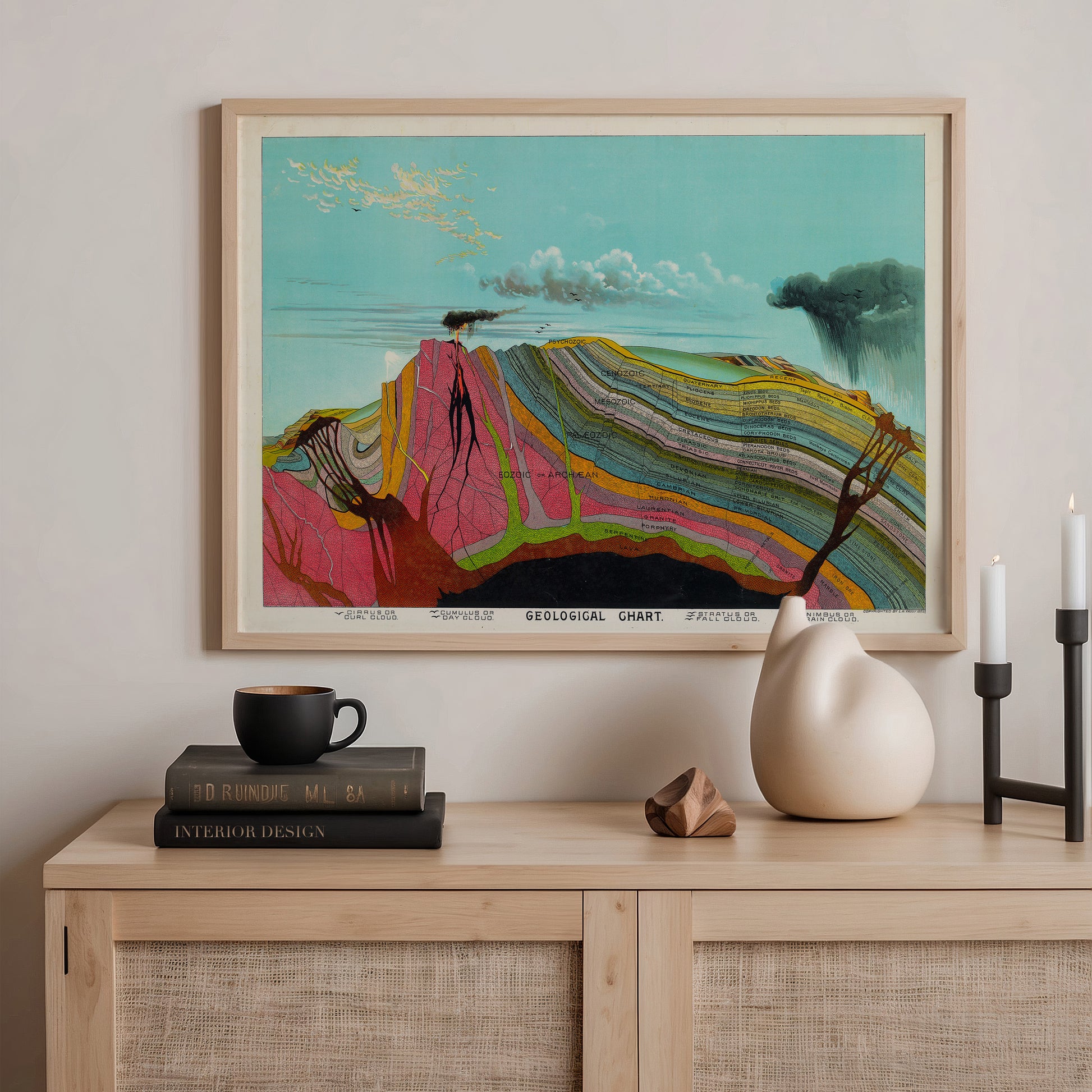 a framed painting of a colorful, abstract landscape with a mountain range and a blue sky with clouds. The painting is hanging on a wall above a wooden shelf with various items on it, including a stack of books, a ceramic vase, and a small sculpture.