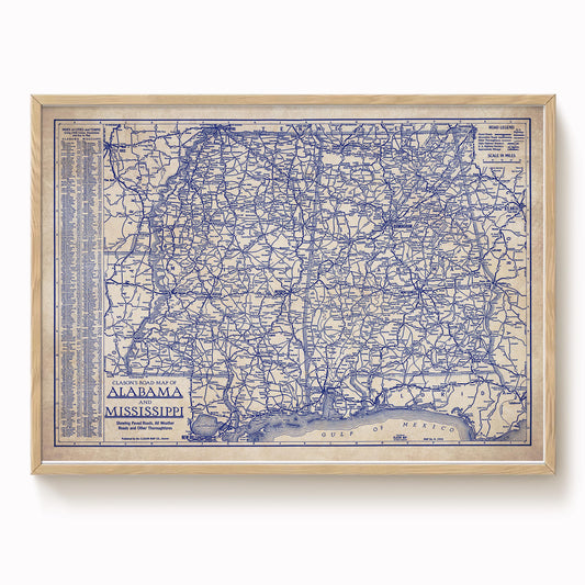 The image is a framed vintage map of Alabama, showing the state's roads and highways in blue and white.