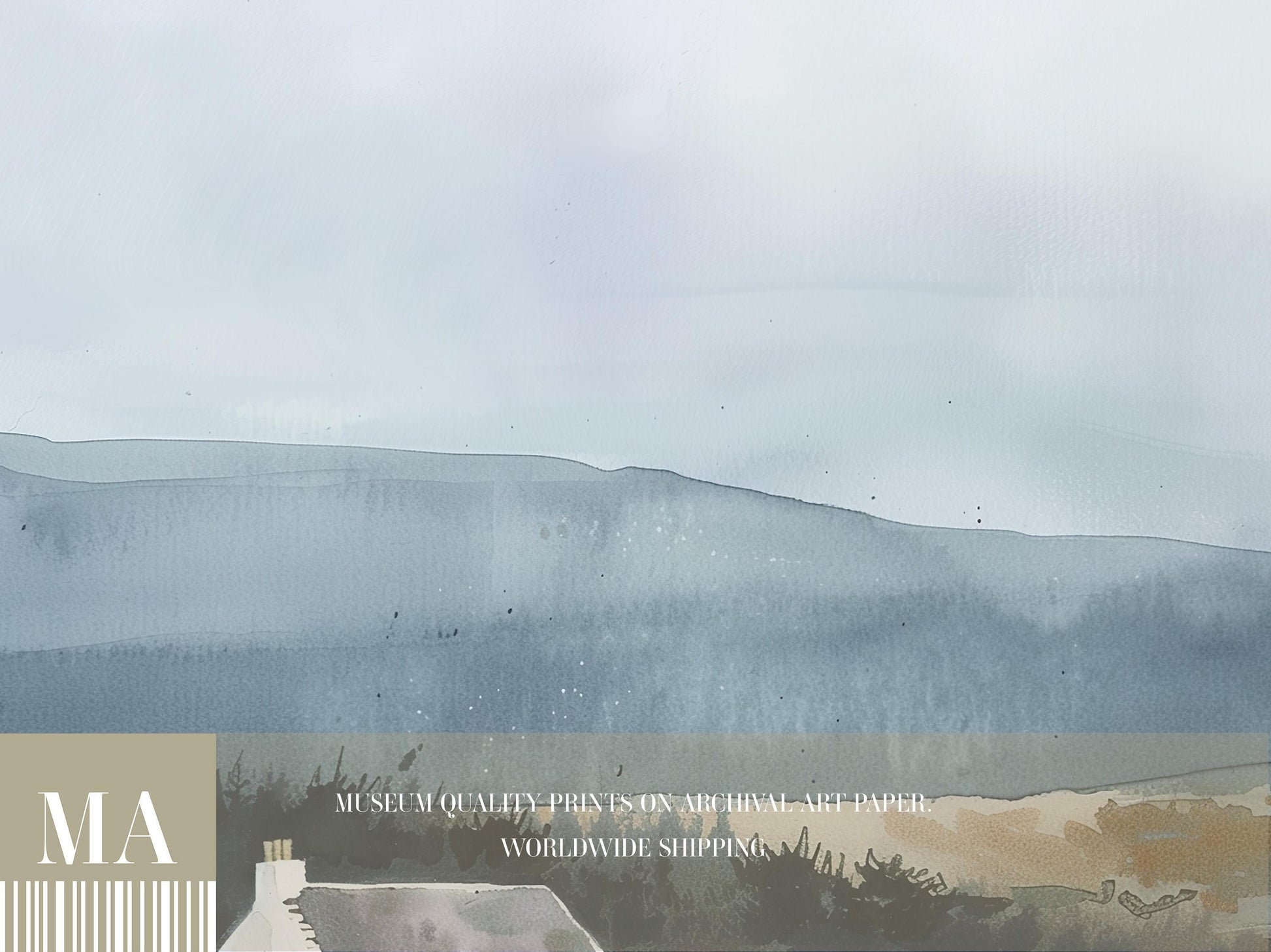 The image is a watercolor painting depicting a landscape with rolling hills and a cloudy sky.