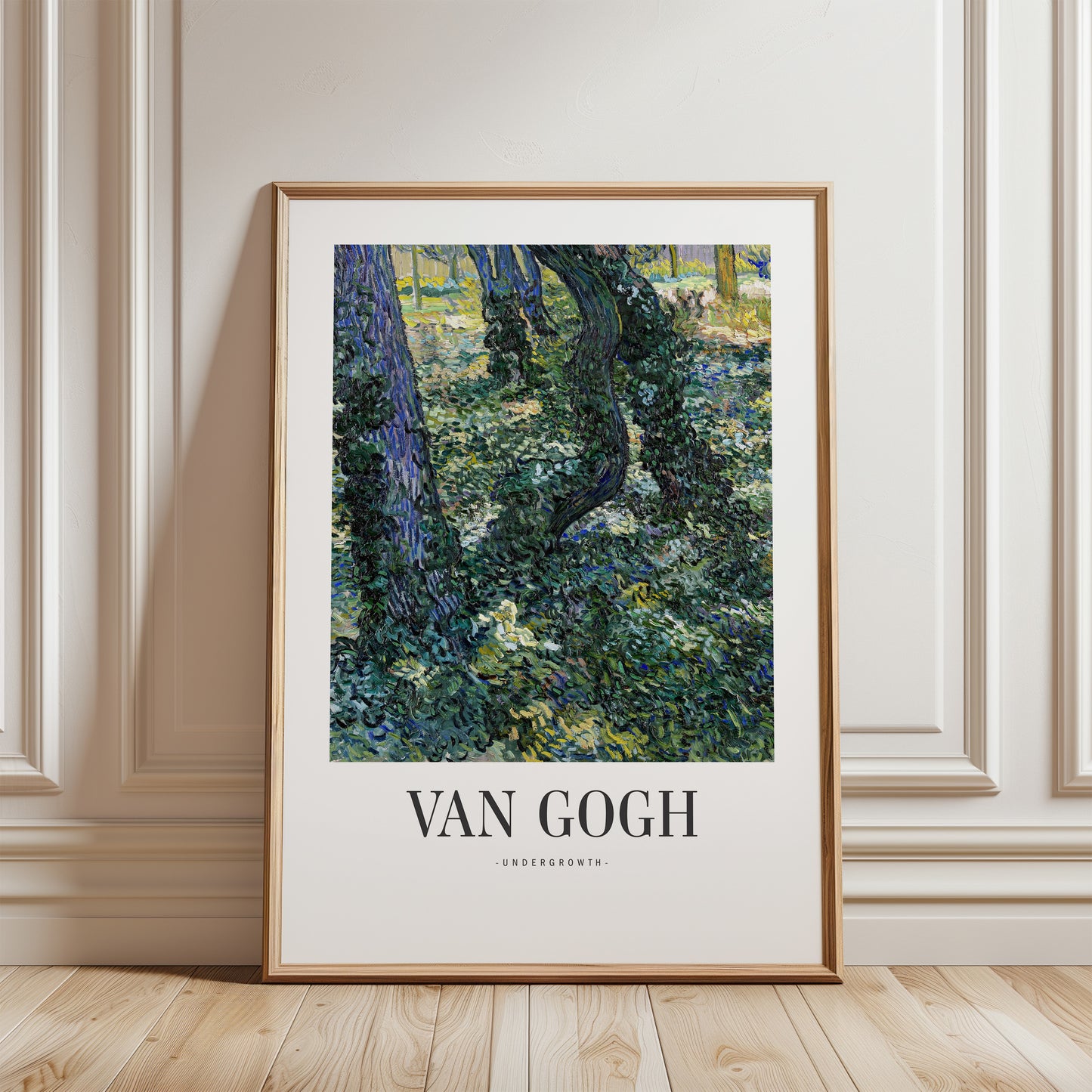 The image is a framed painting by the famous artist Vincent van Gogh, titled "Undergrowth".