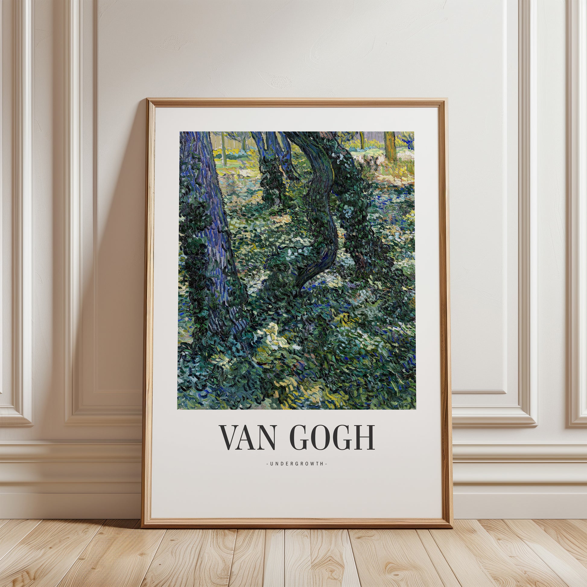 The image is a framed painting by the famous artist Vincent van Gogh, titled "Undergrowth".