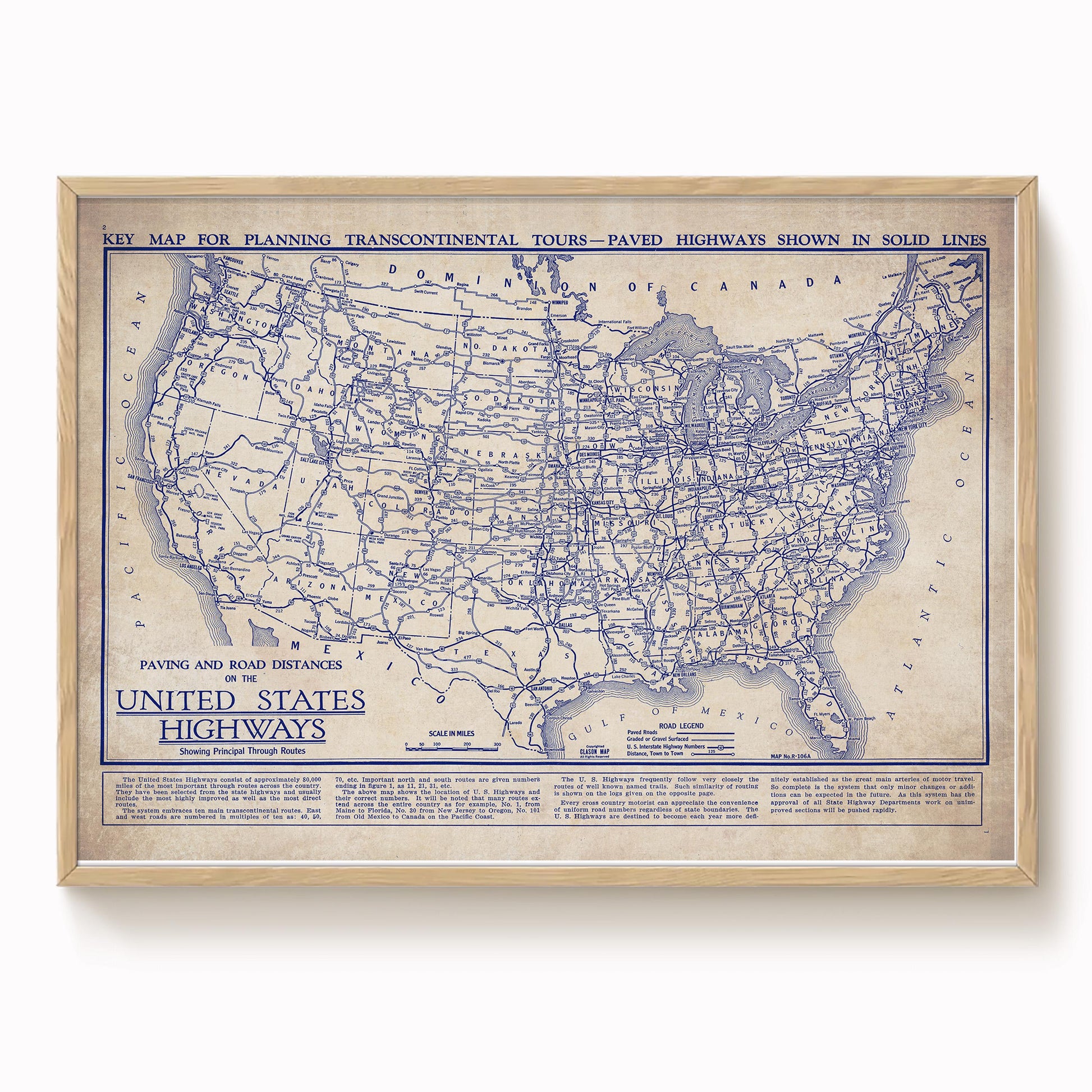 The image is a vintage map of the United States, showing the key highways and paved roads in solid lines.