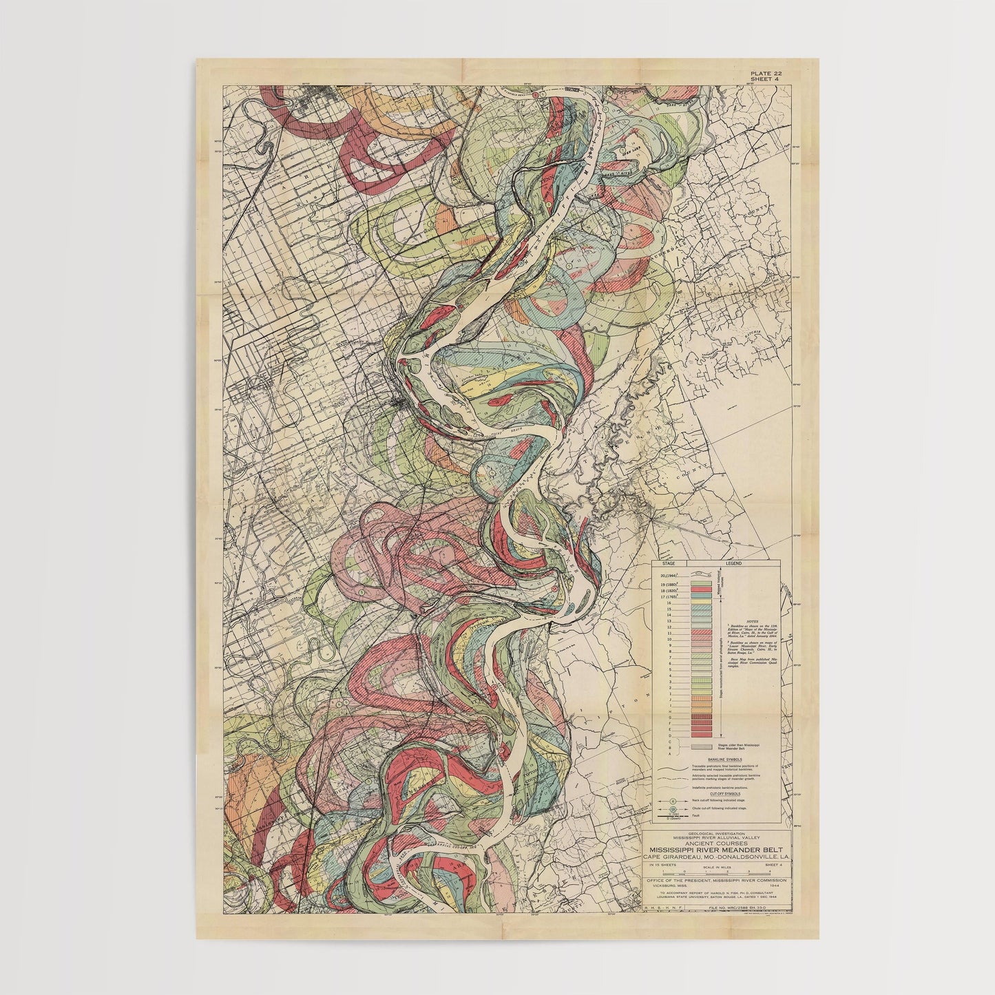 Harold Fisk Mississippi River Map Print, Caruthersville, MO to Osceola, AR, Plate 22, Sheet 4