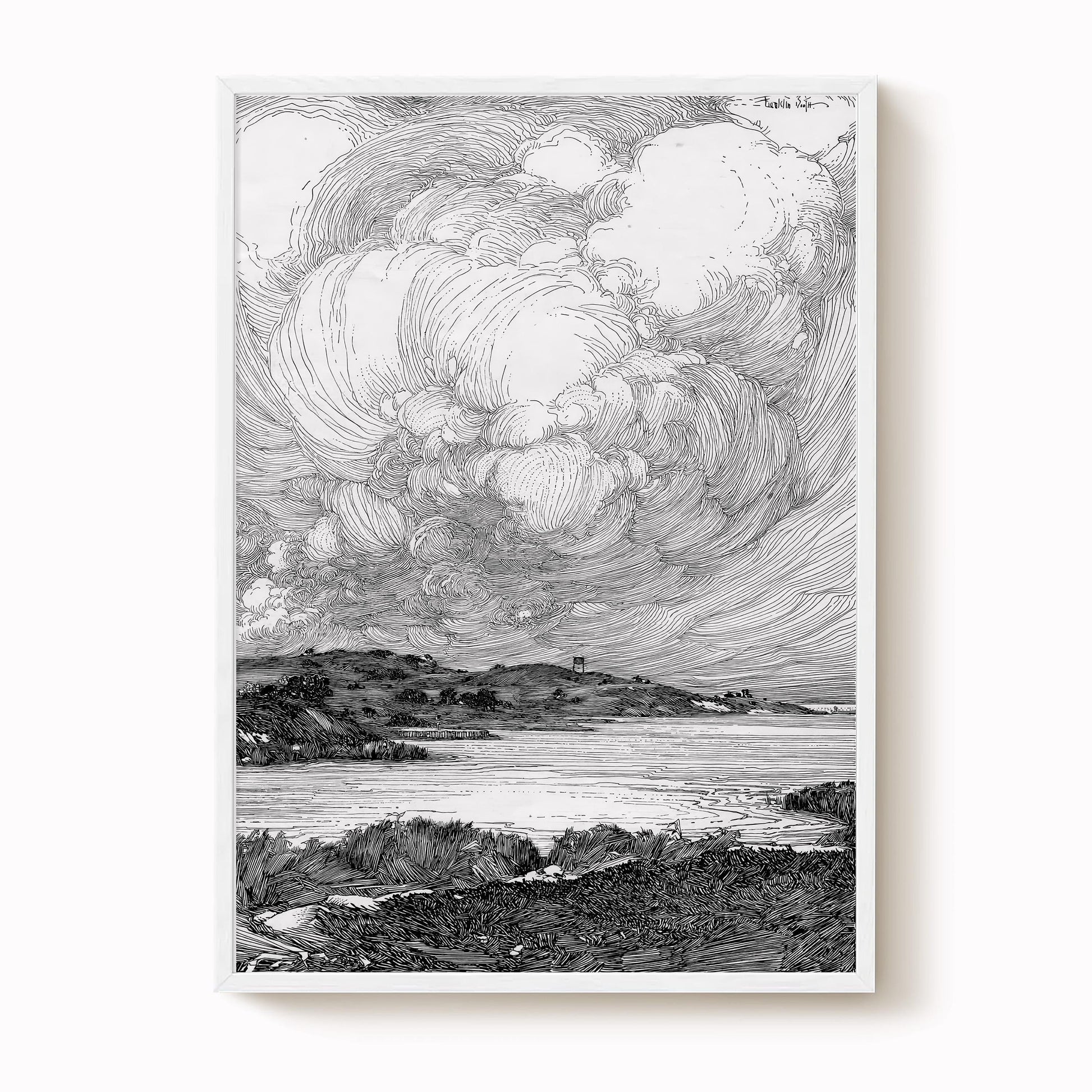A black and white illustration depicting a serene landscape with a body of water, mountains, and a cloudy sky.