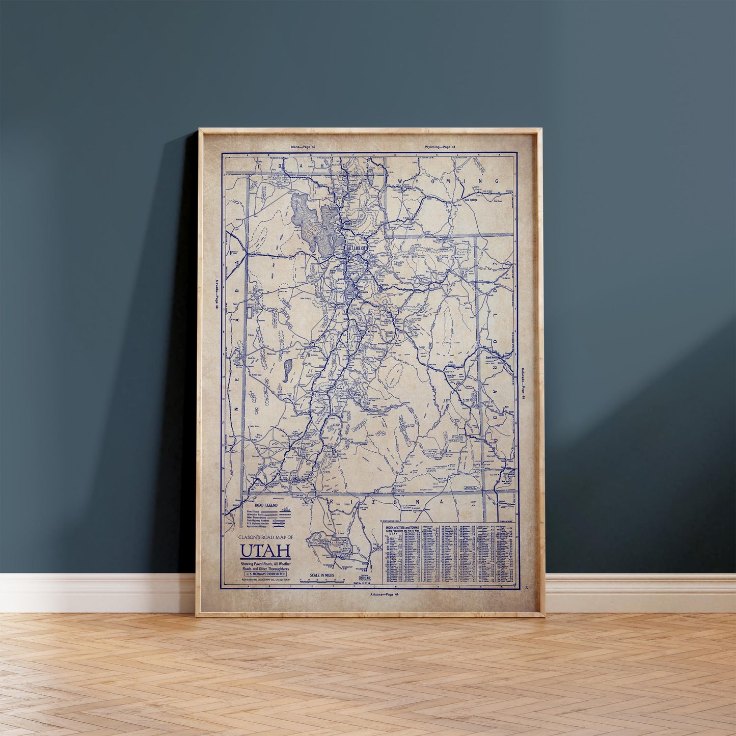 a framed map of Utah, with a blue and white color scheme.