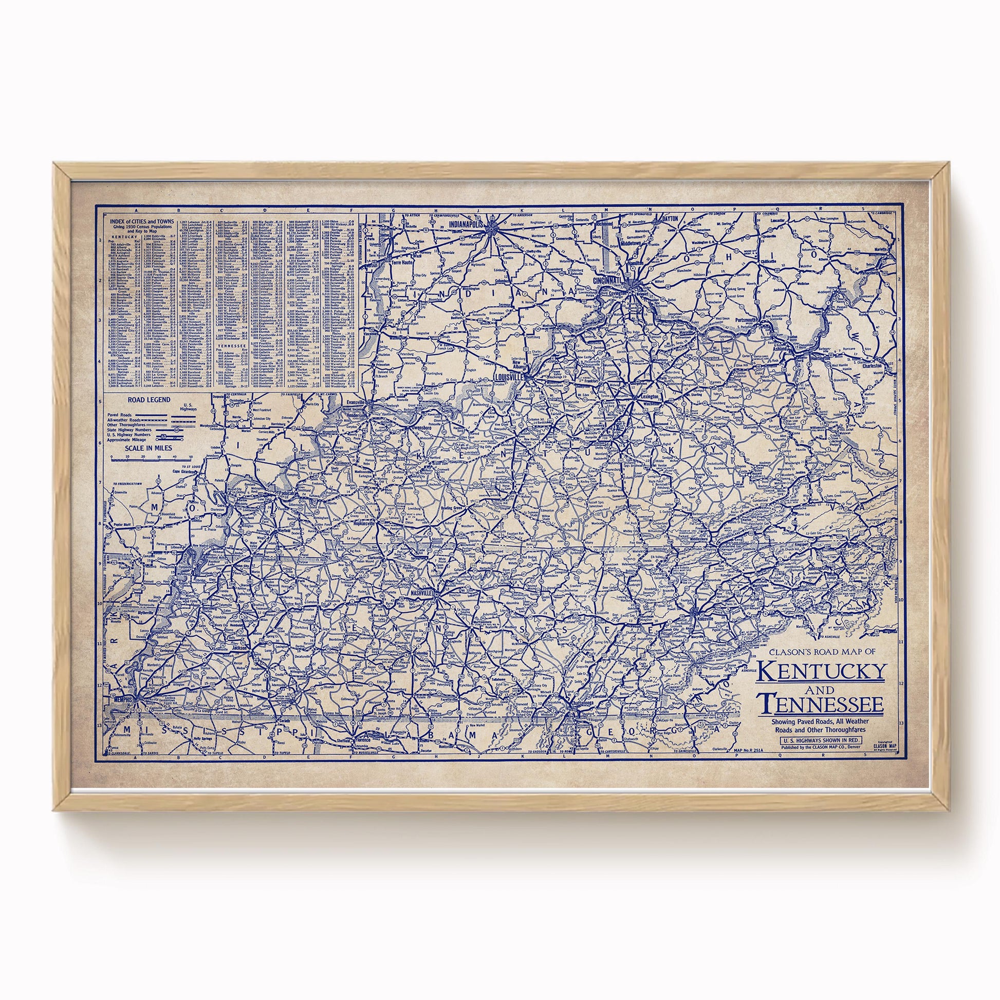 The image is a framed vintage map of Kentucky, showing the state's roads and highways in blue and white.