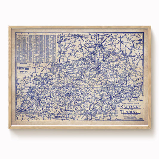 The image is a framed vintage map of Kentucky, showing the state's roads and highways in blue and white.