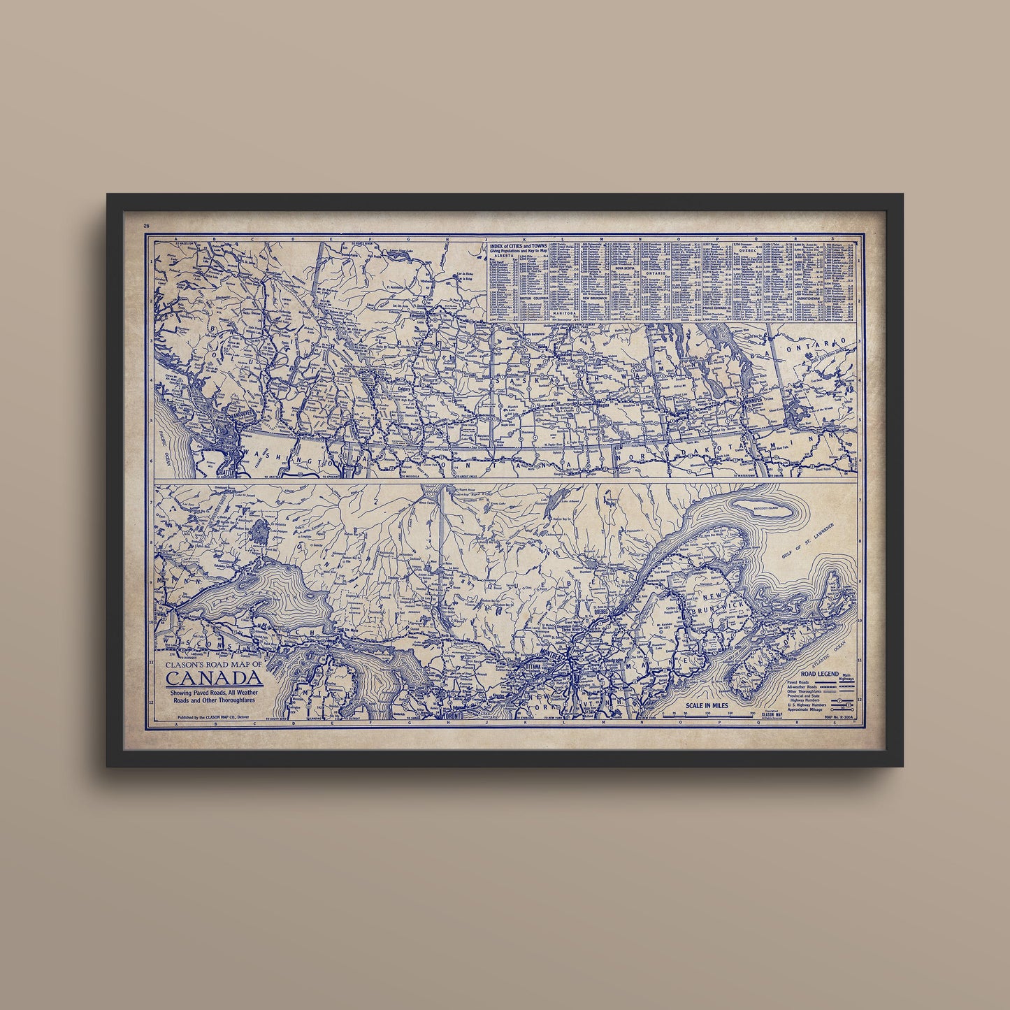 The image is a framed vintage map of Canada, depicting the country's geographical layout and major cities.