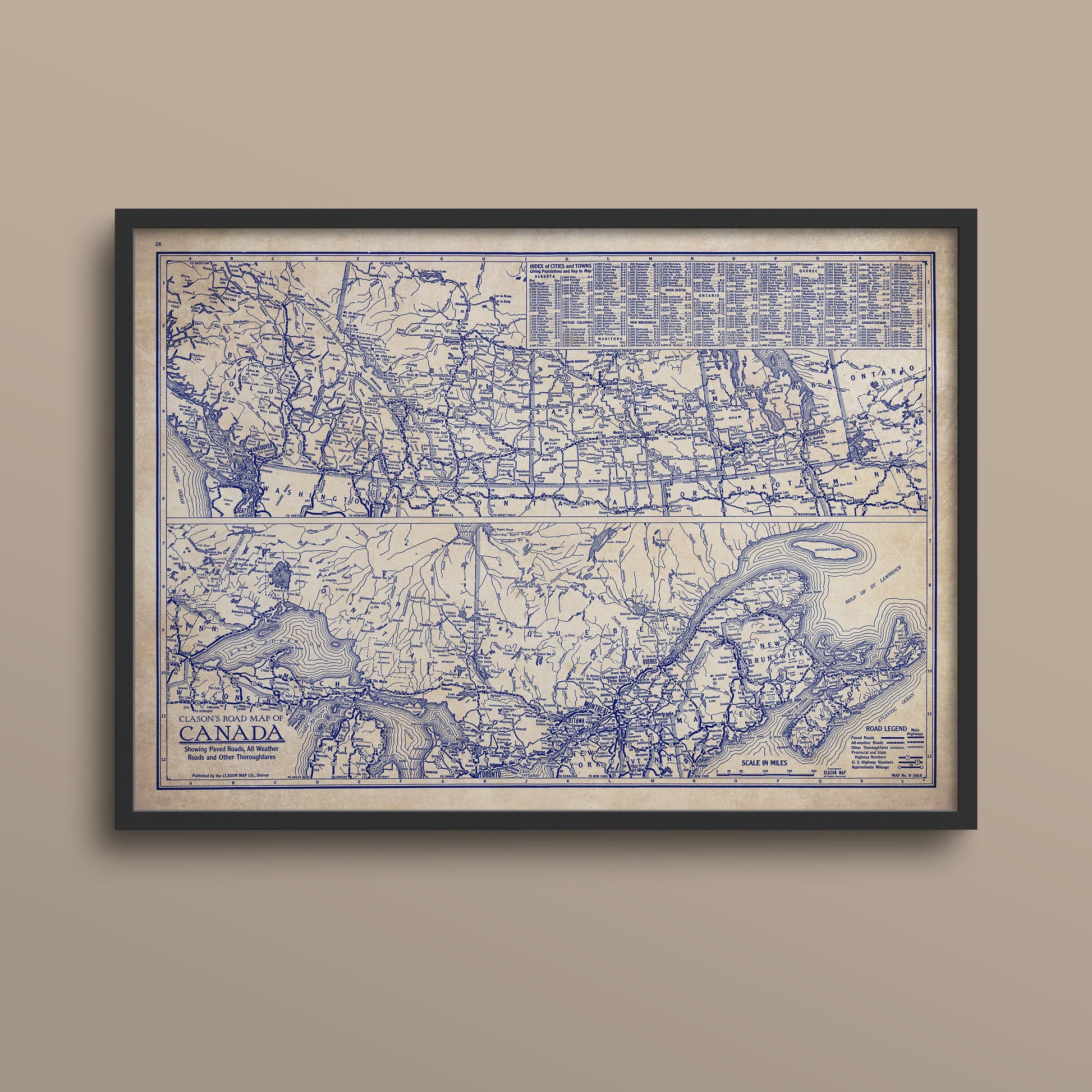 The image is a framed vintage map of Canada, depicting the country's geographical layout and major cities.