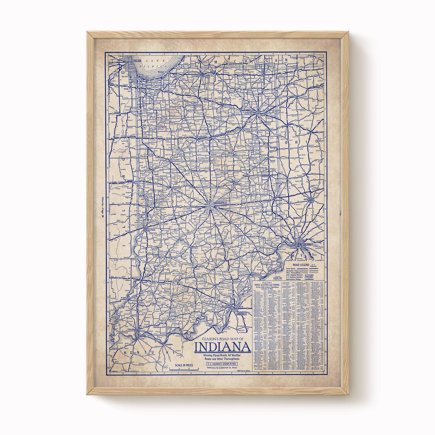 The image is a framed vintage map of Indiana, showing the state's roads and highways in a detailed and intricate manner.