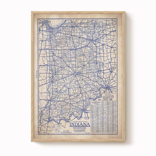 The image is a framed vintage map of Indiana, showing the state's roads and highways in a detailed and intricate manner.