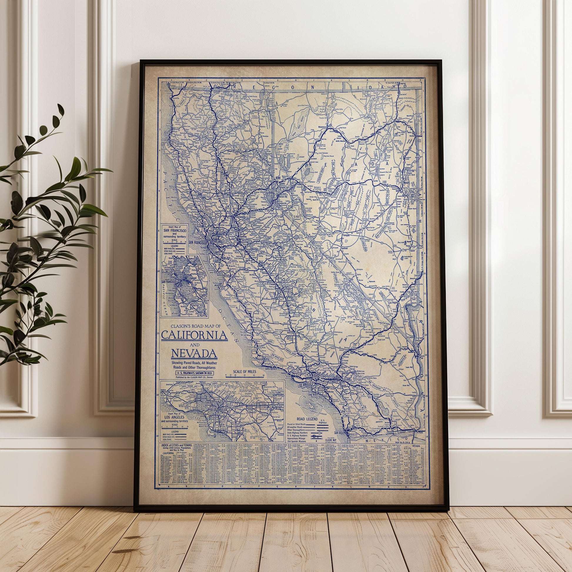 a framed vintage map of California and Nevada, with detailed road networks and labels.
