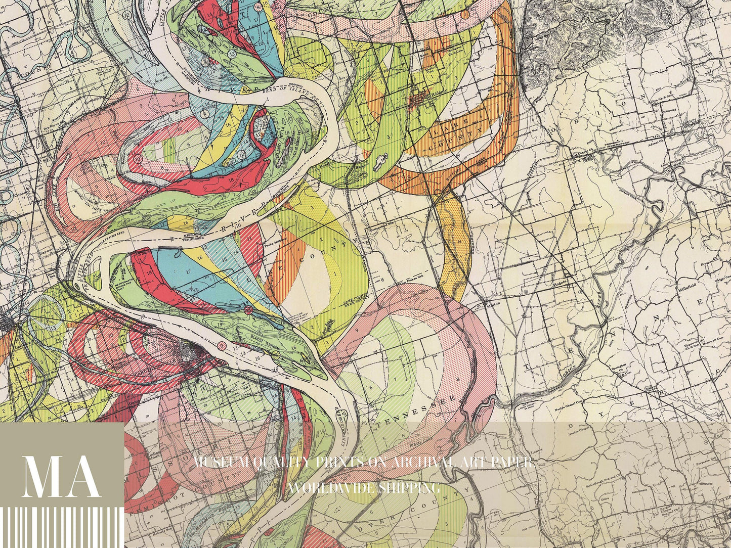 Harold Fisk Mississippi River Map Print, New Madrid to Caruthersville, Plate 22, Sheet 3