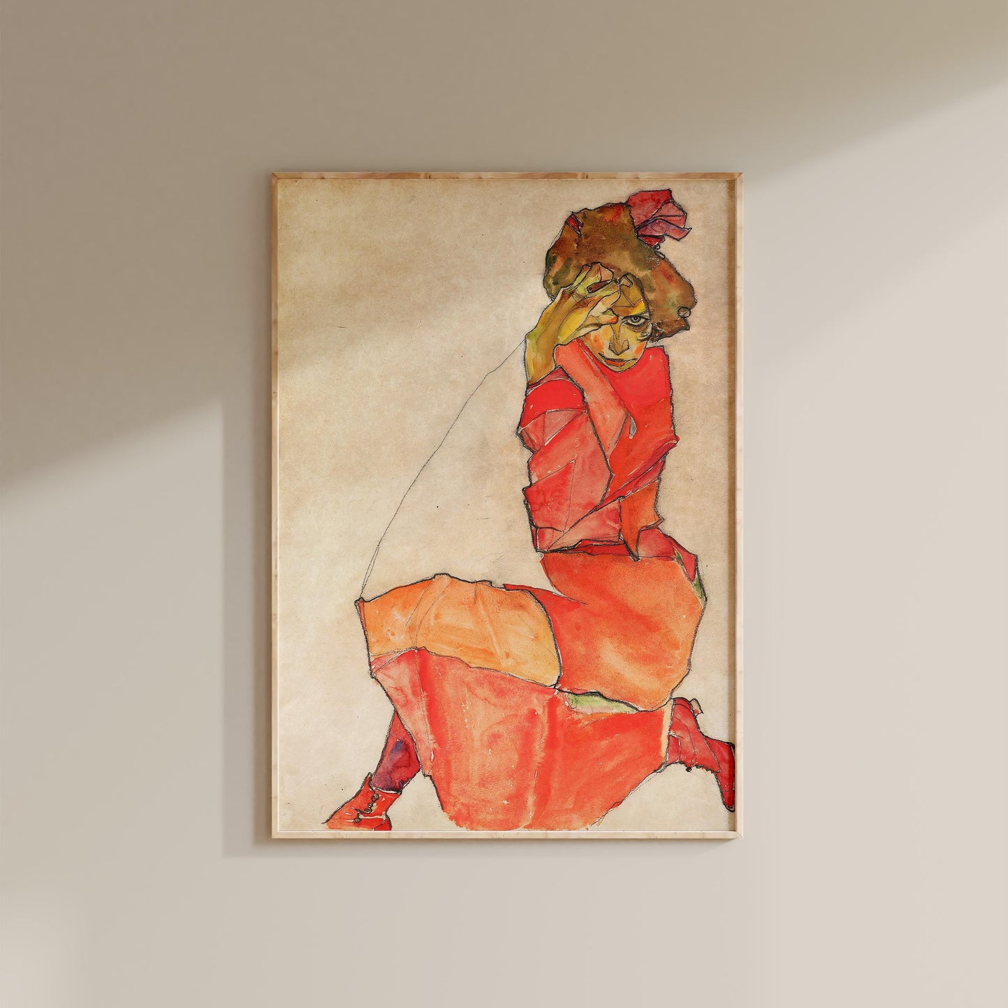 Egon Schiele - Kneeling Female in Orange-Red Dress Print