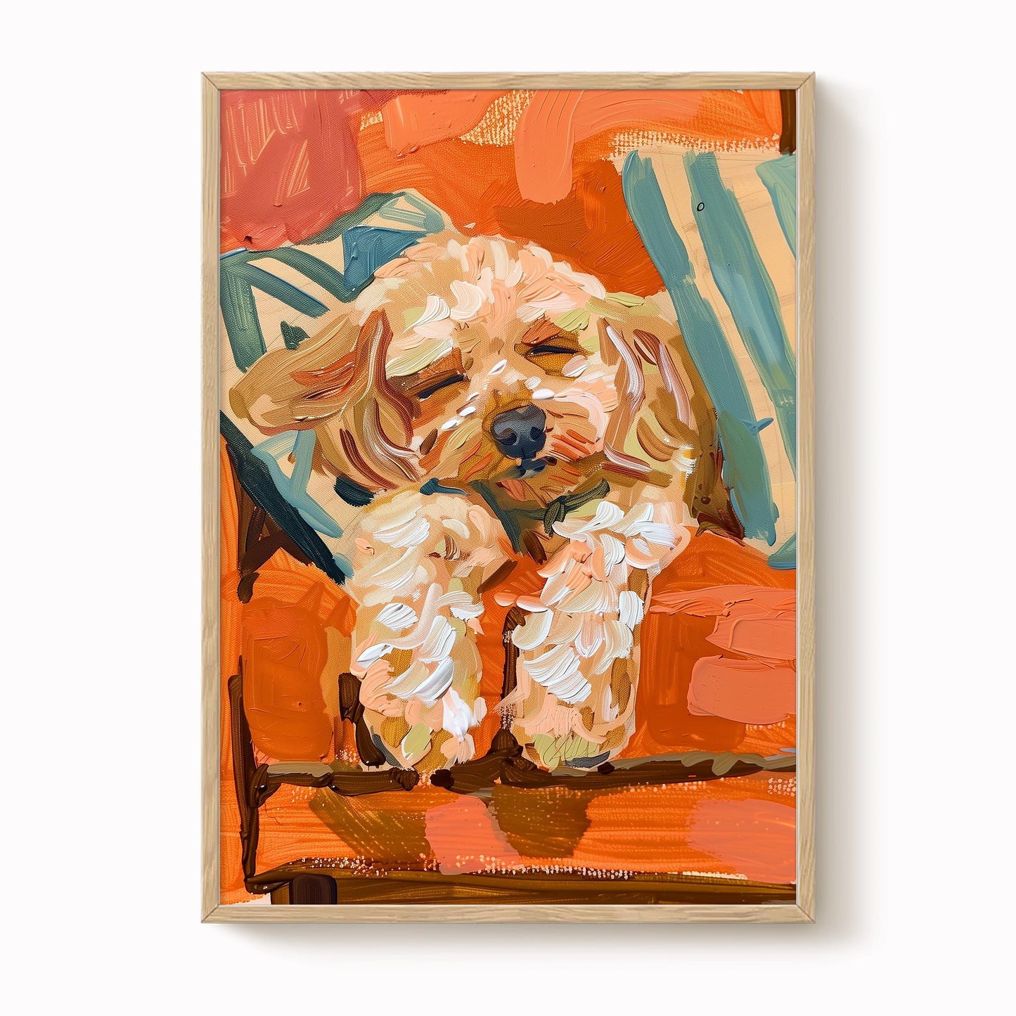 The image is a vibrant, abstract painting featuring a dog in a relaxed pose, surrounded by bold, colorful brushstrokes.