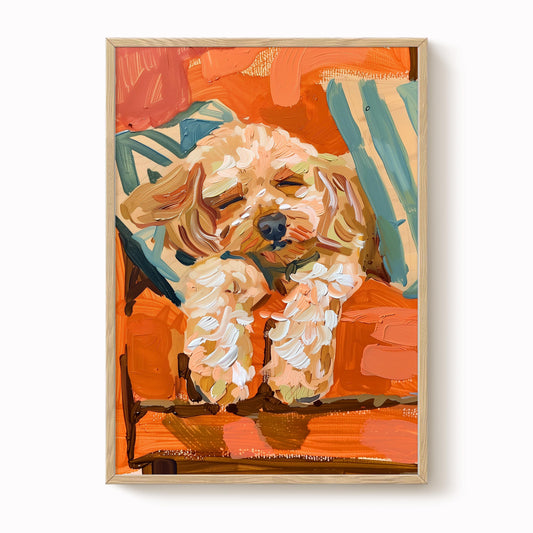 The image is a vibrant, abstract painting featuring a dog in a relaxed pose, surrounded by bold, colorful brushstrokes.