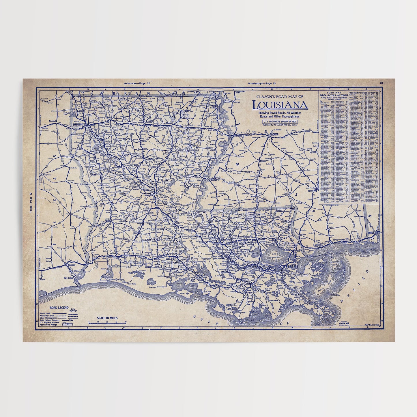 The image is a vintage map of Louisiana, showing the state's roads and highways in a detailed and detailed manner.