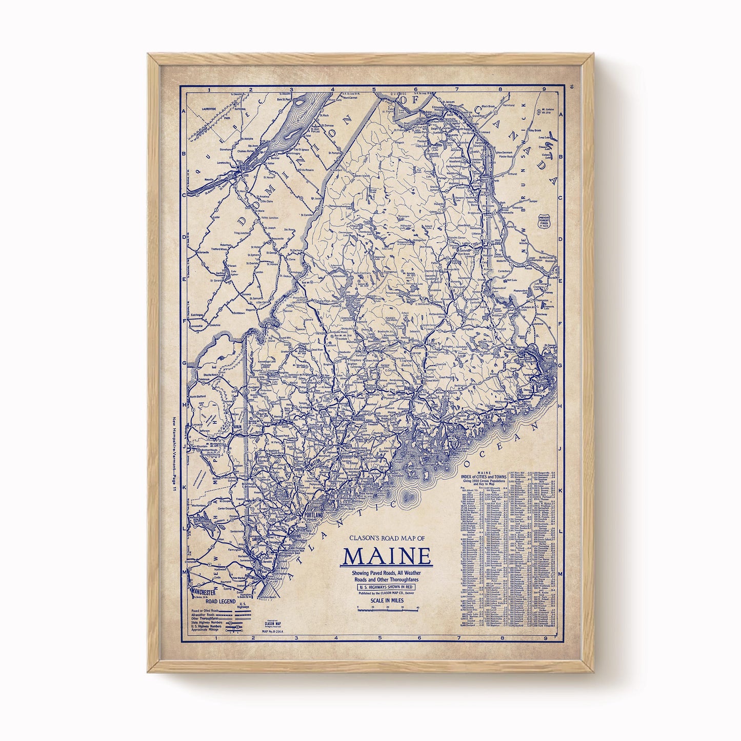 The image is a framed vintage map of Maine, depicting the state's road network and surrounding areas.