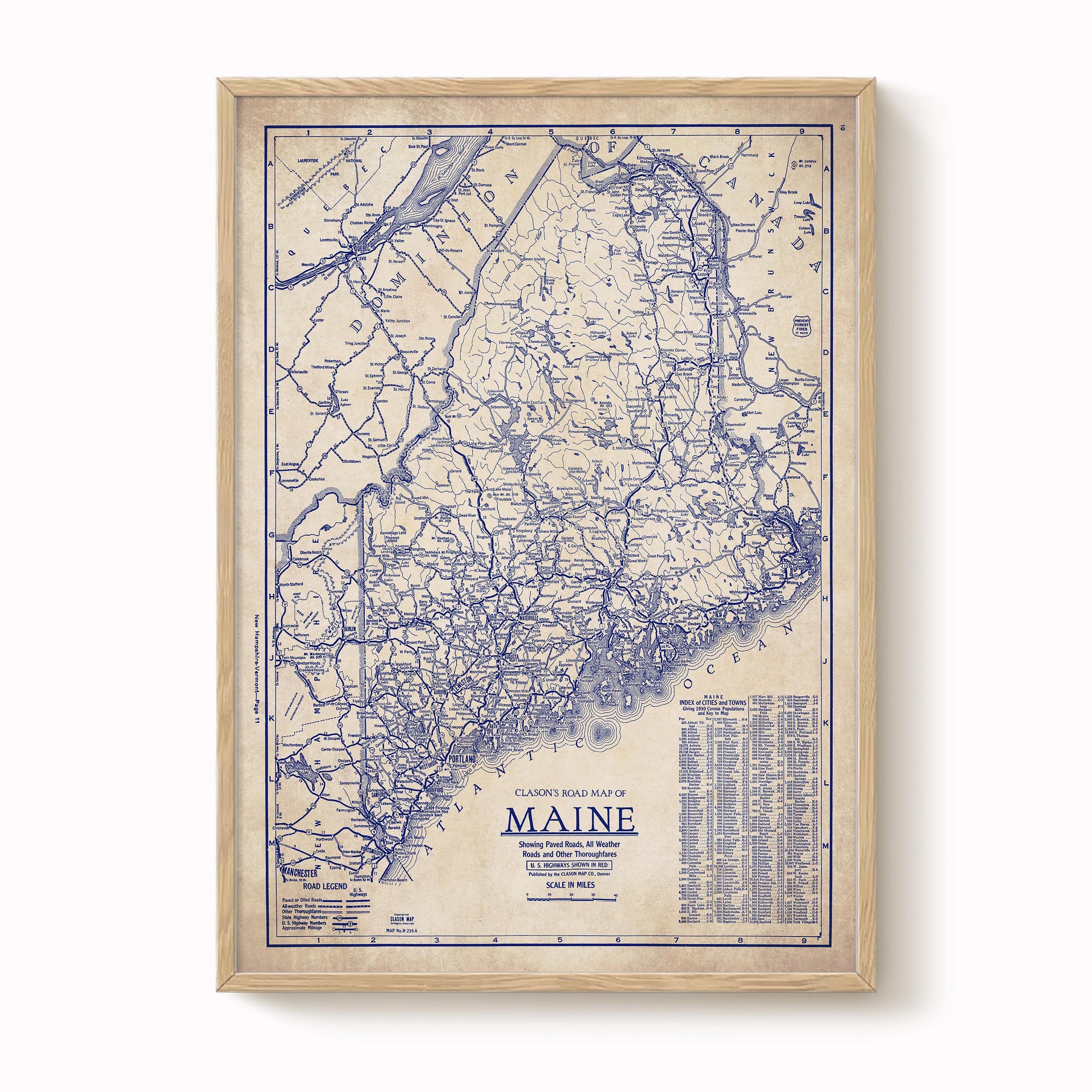 The image is a framed vintage map of Maine, depicting the state's road network and surrounding areas.