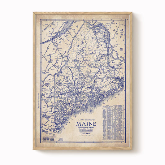 The image is a framed vintage map of Maine, depicting the state's road network and surrounding areas.