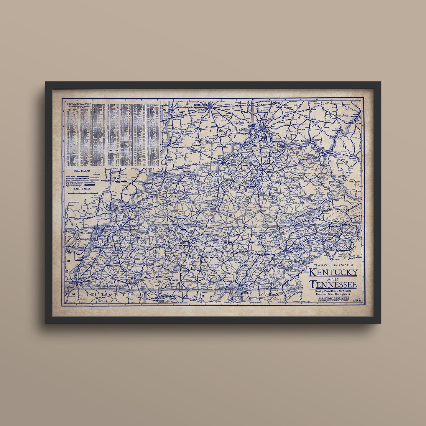 The image is a framed vintage map of Kentucky, showing the state's roads and highways in a detailed and intricate manner.