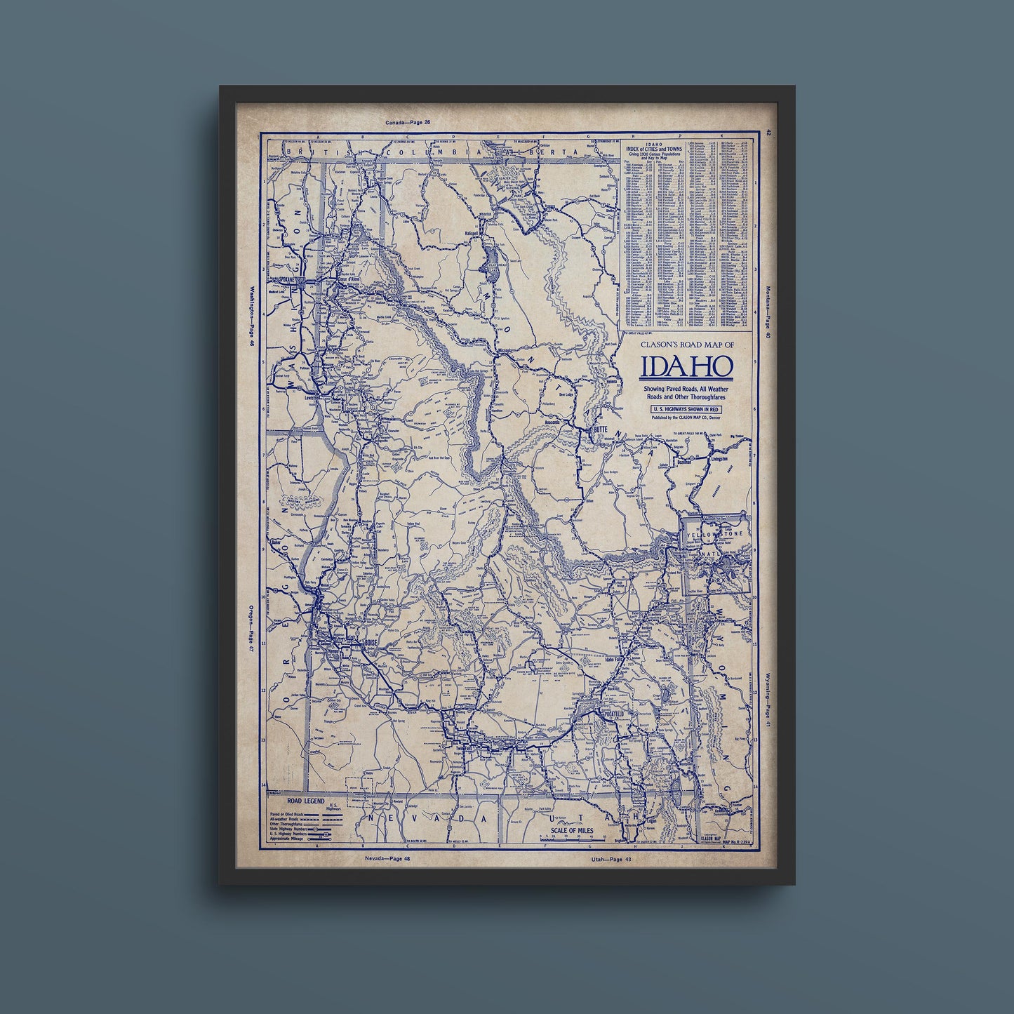 The image is a framed vintage map of Idaho, showing the state's geographical layout and major roads.