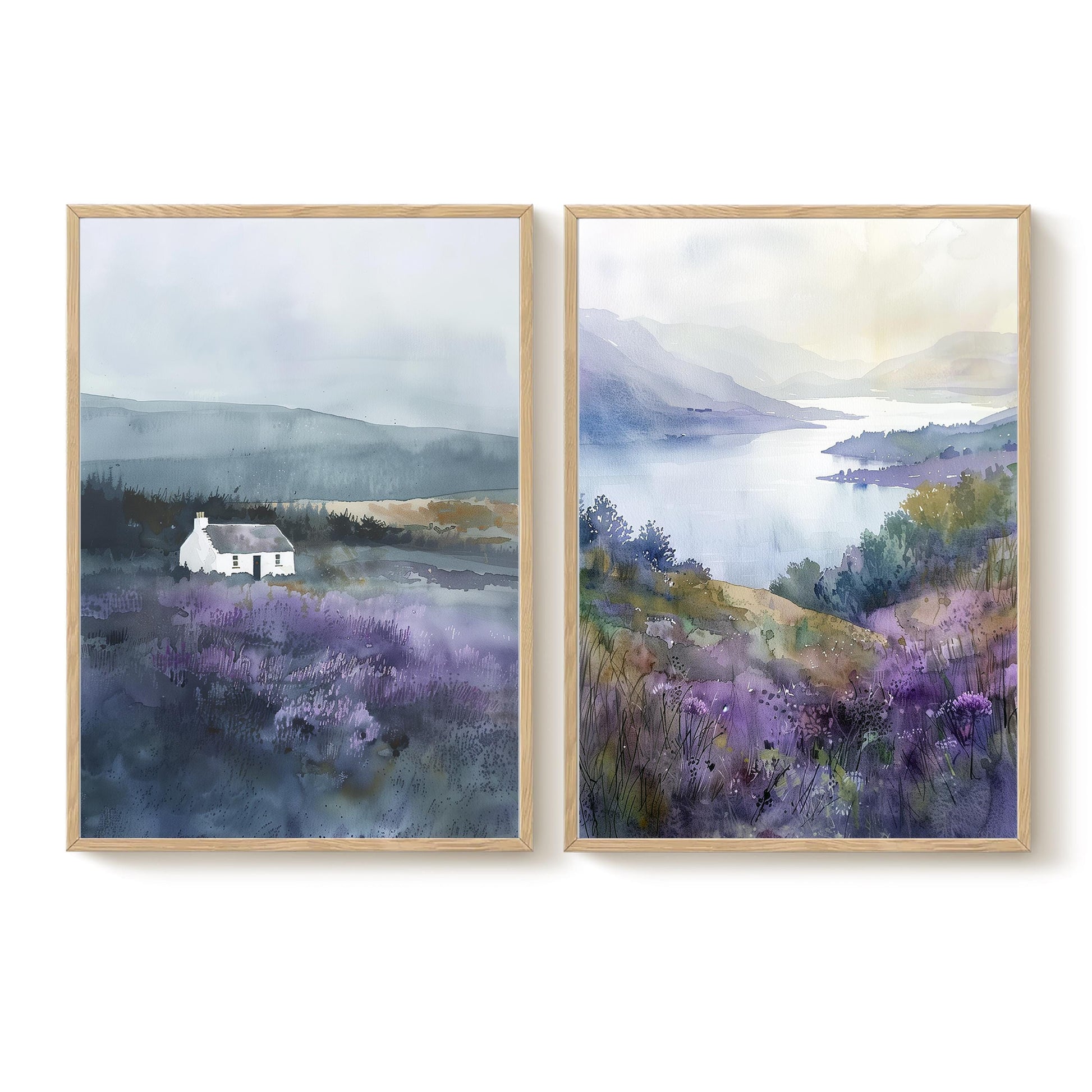 The image is a pair of framed watercolor paintings depicting a serene landscape with a small white house nestled in a field of purple flowers, overlooking a body of water.