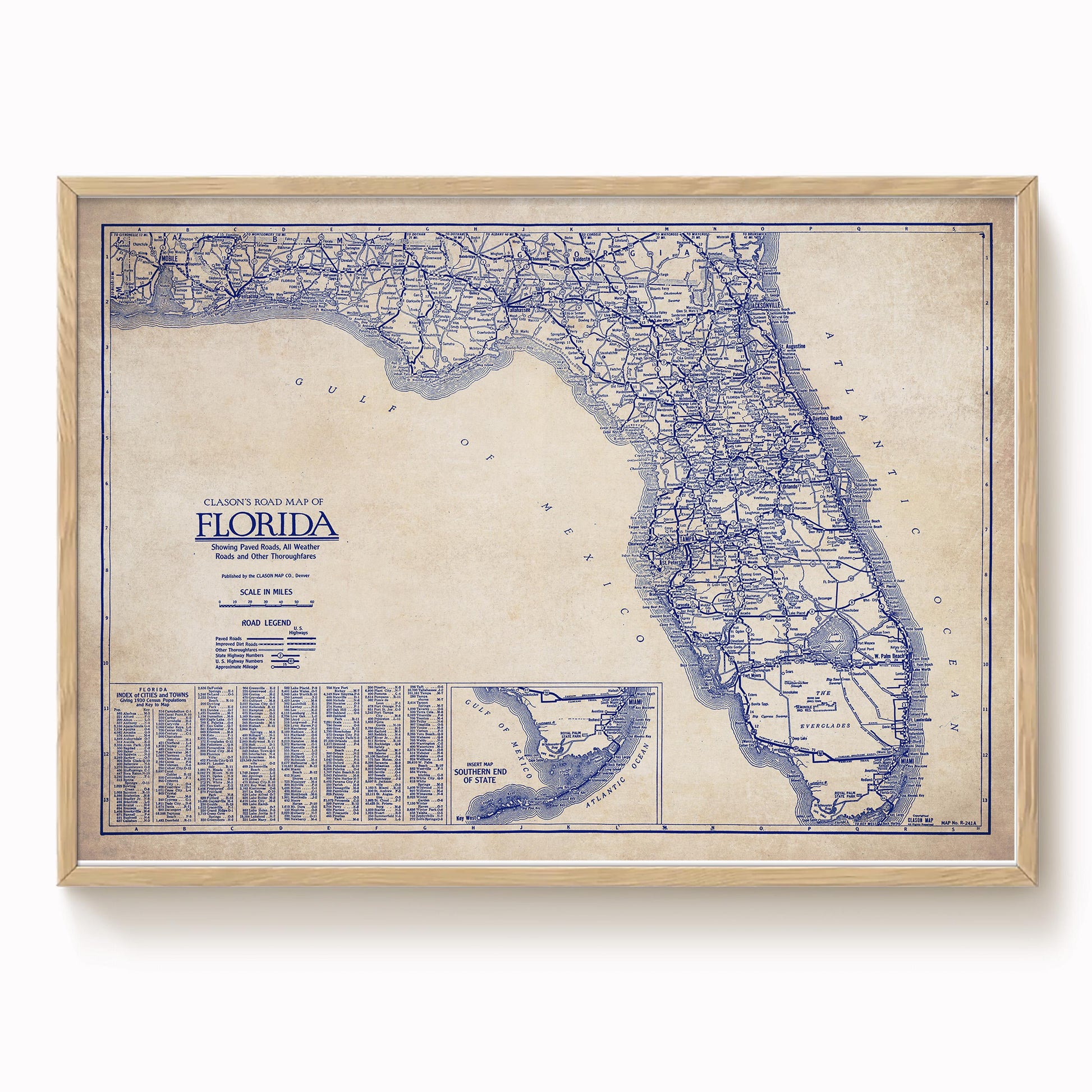 The image is a framed vintage map of Florida, showing the state's roads and highways in blue and white.