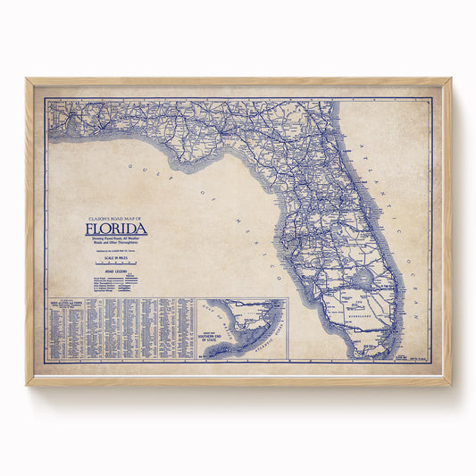 The image is a framed vintage map of Florida, showing the state's roads and highways in blue and white.