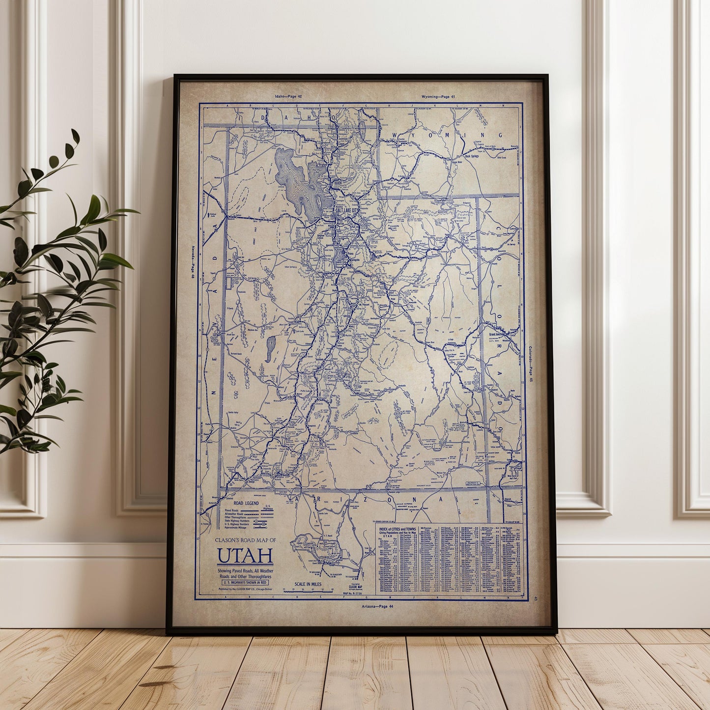 a framed vintage map of Utah, with a detailed and intricate design.