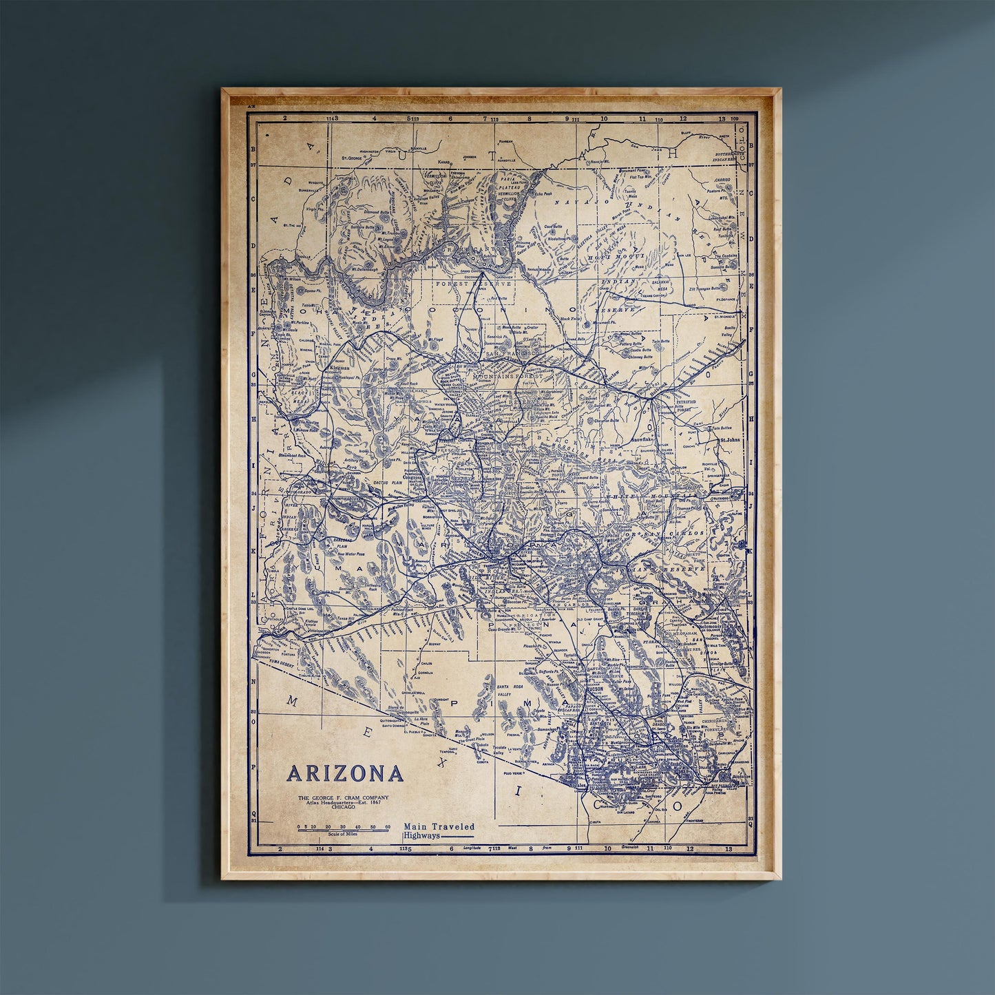 The image is a framed vintage map of Arizona, depicting the state's geographical layout and surrounding areas.