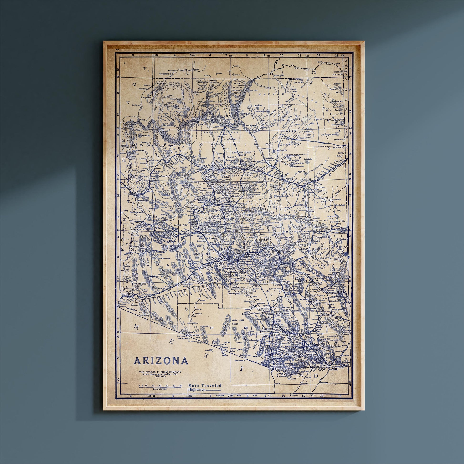 The image is a framed vintage map of Arizona, depicting the state's geographical layout and surrounding areas.