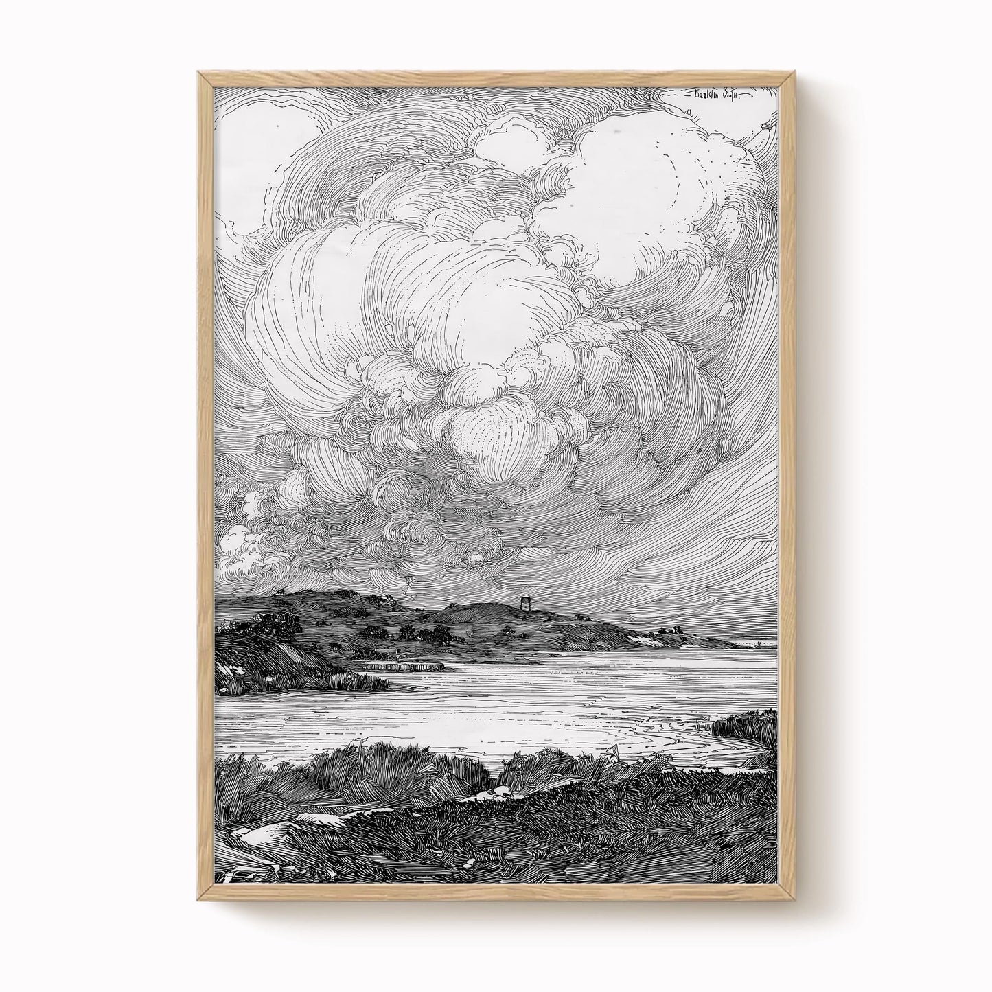 A black and white illustration depicting a serene landscape with a body of water, mountains, and a cloudy sky.