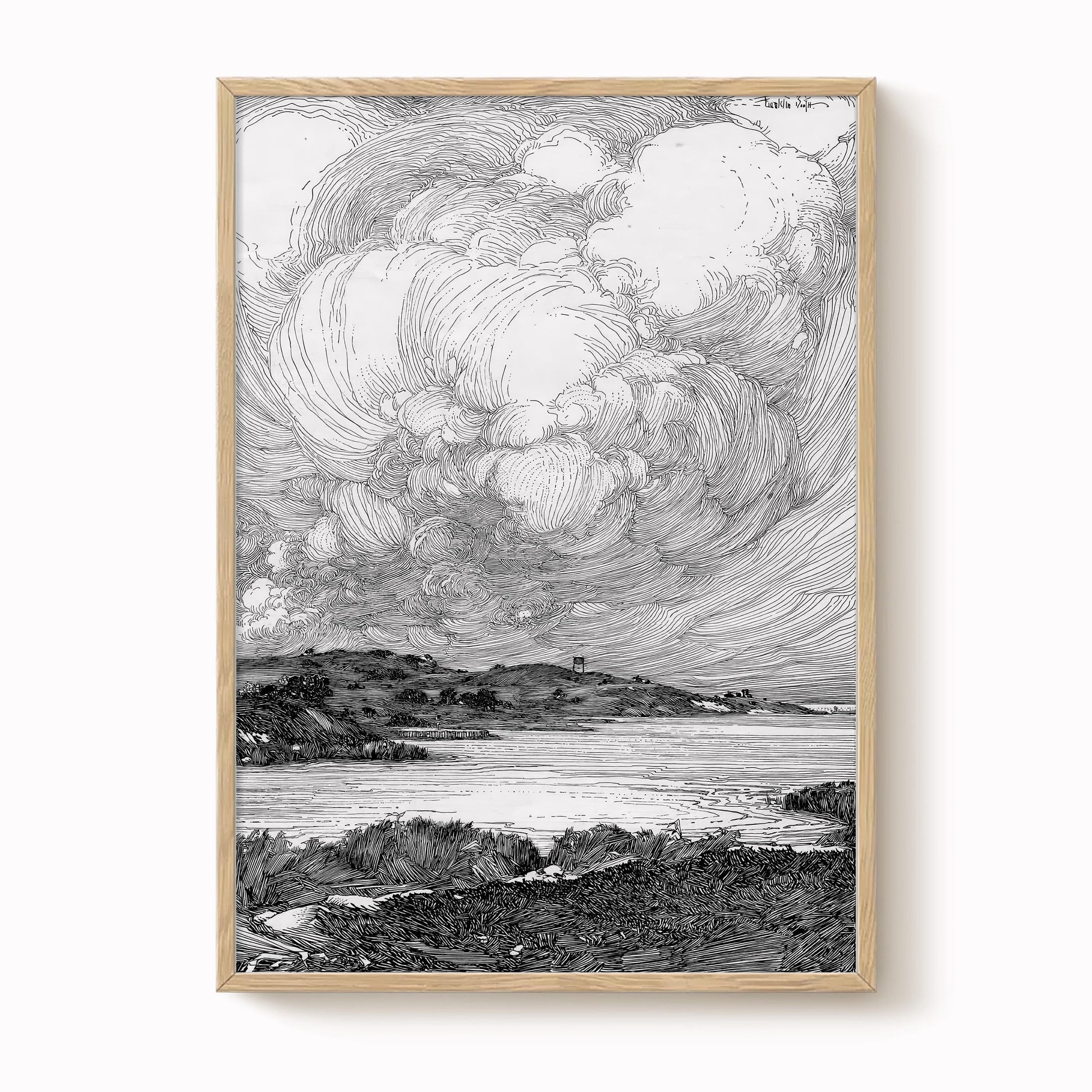 A black and white illustration depicting a serene landscape with a body of water, mountains, and a cloudy sky.