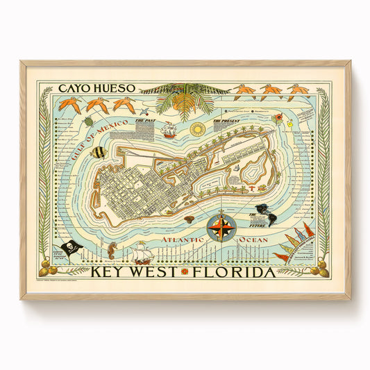 The image is a framed vintage map of the island of Key West, Florida, featuring various landmarks and locations such as the Cayo Hueso, the Gulf of Mexico, and the Atlantic Ocean.