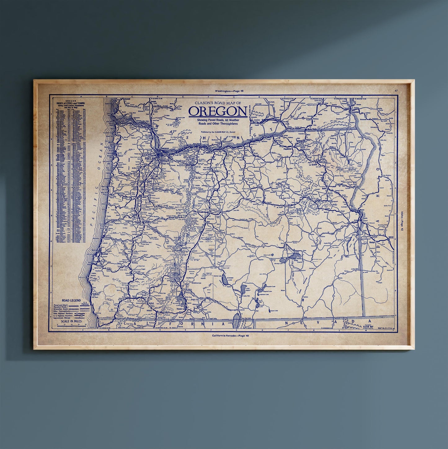 The image is a framed vintage map of Oregon, showing the state's roads and highways in a detailed and detailed manner.