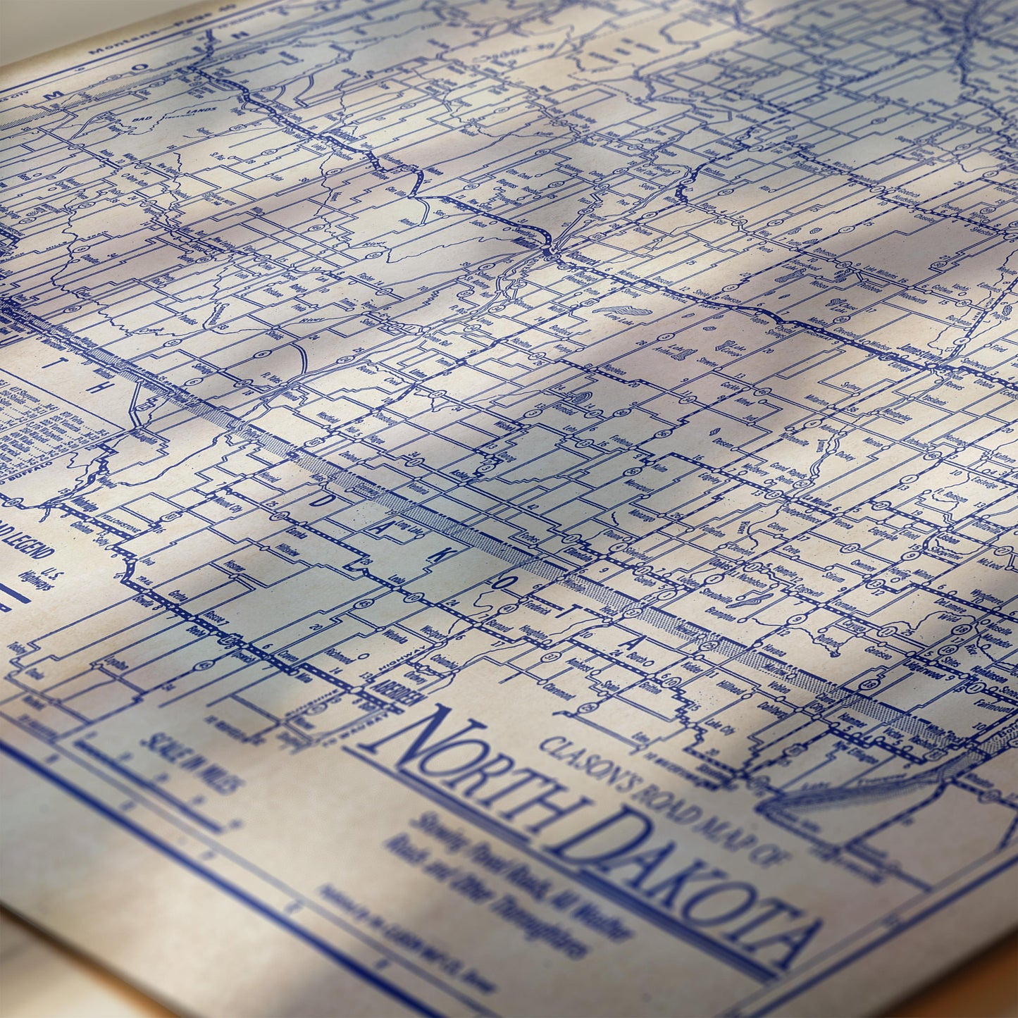 The image is a detailed map of North Dakota, with various roads and landmarks clearly marked.