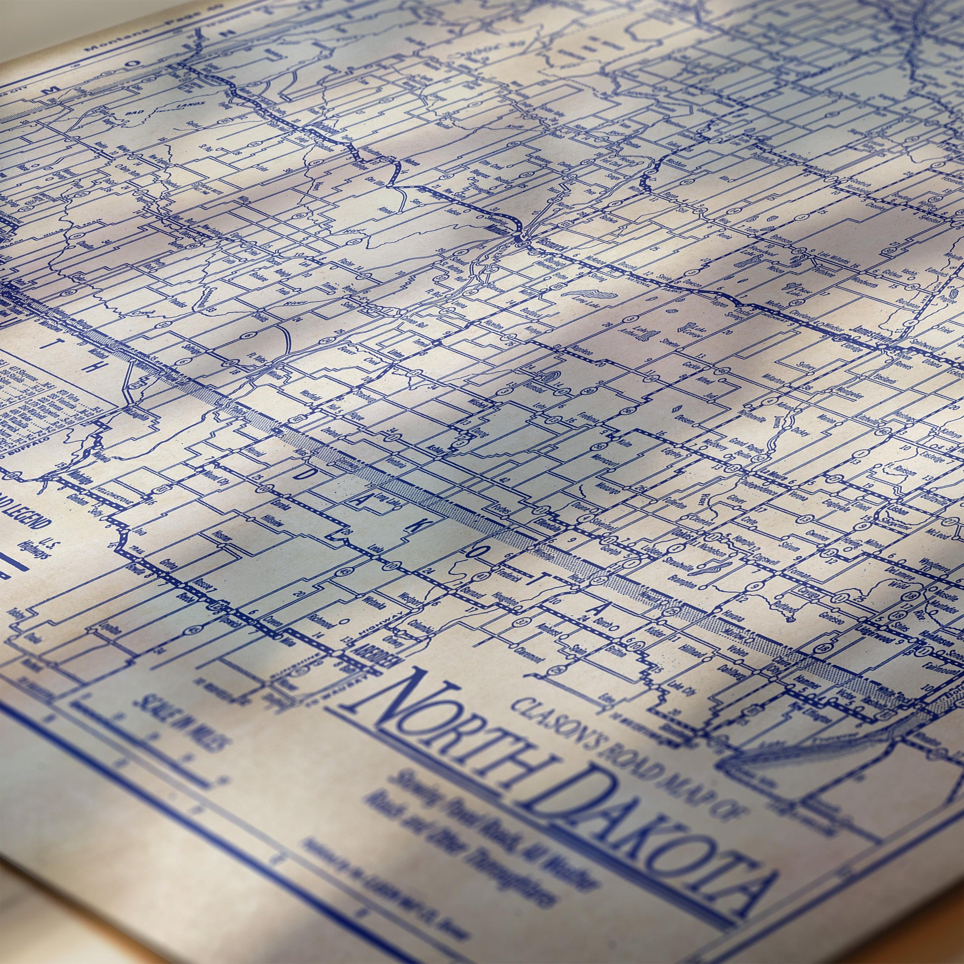 The image is a detailed map of North Dakota, with various roads and landmarks clearly marked.