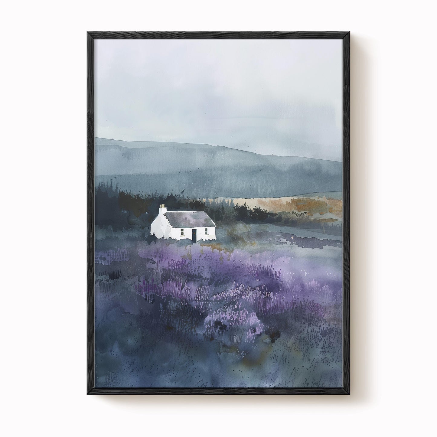 A white house is situated in a field of purple flowers, with a hazy, misty background.
