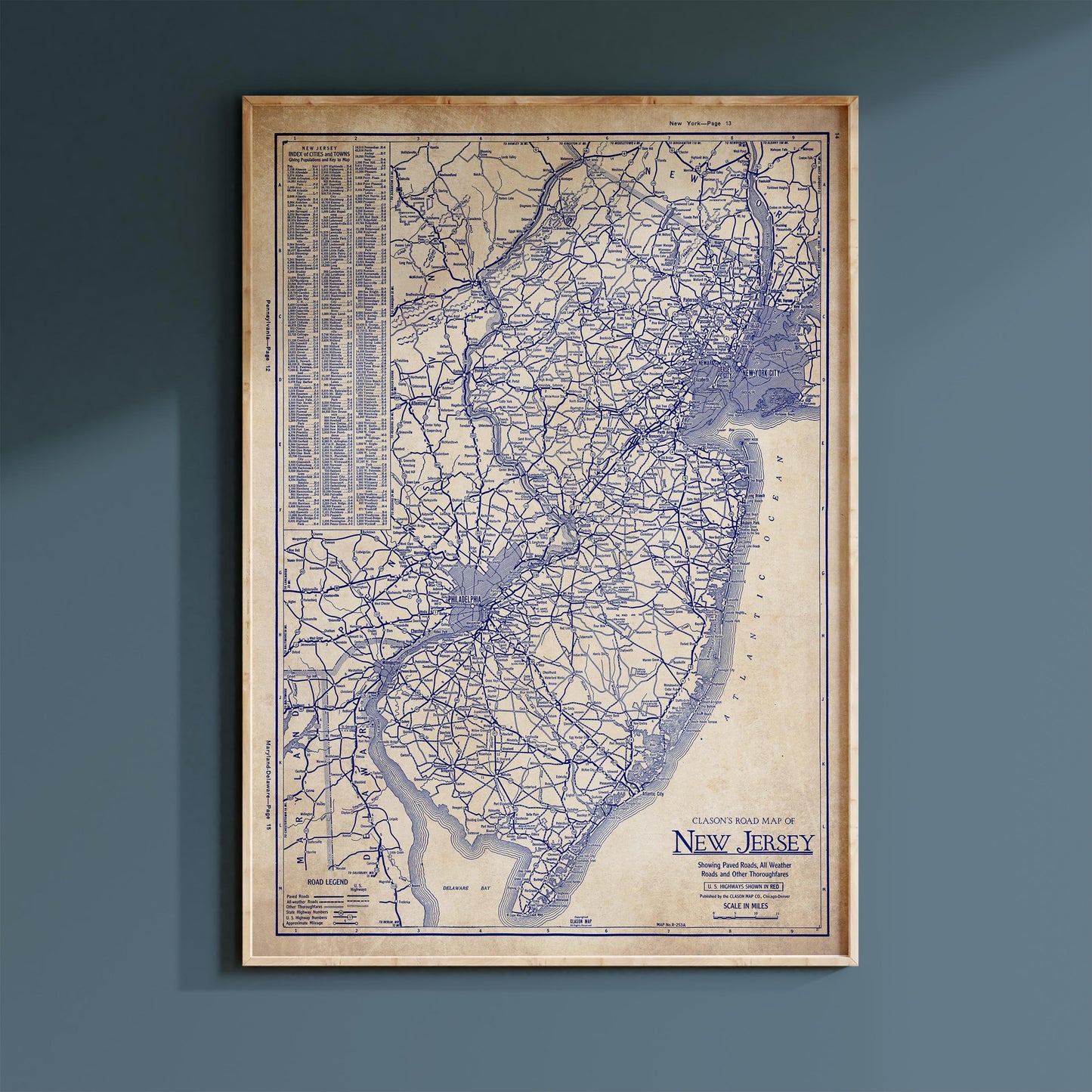 The image is a framed vintage map of New Jersey, showing the state's roads and highways.
