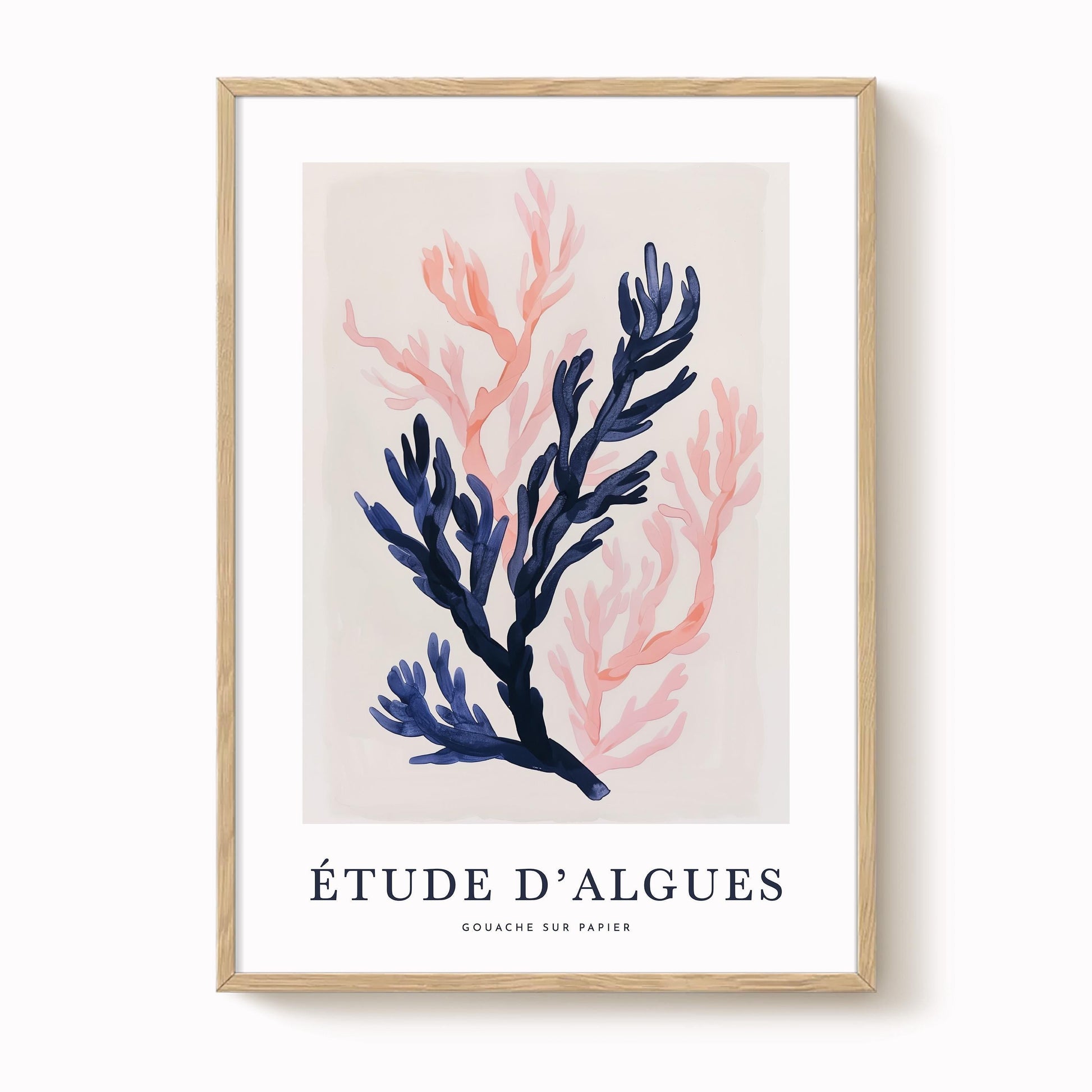 The image is a framed print featuring an abstract painting of a coral or plant with blue and pink hues.