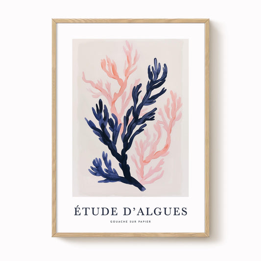 The image is a framed print featuring an abstract painting of a coral or plant with blue and pink hues.