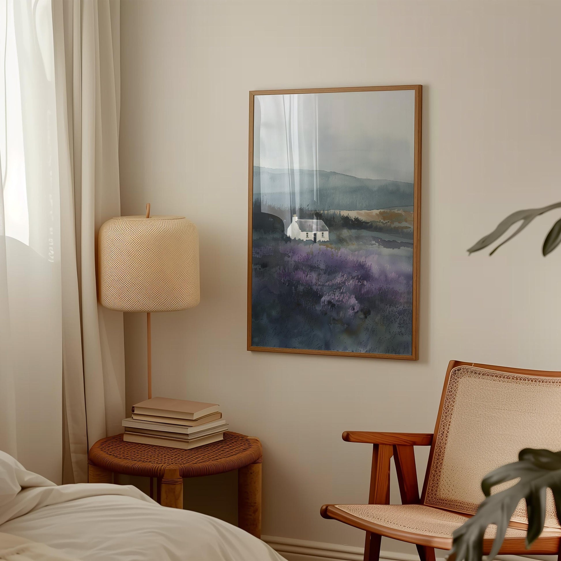 a serene bedroom scene with a bed, a nightstand, and a framed landscape painting hanging on the wall.
