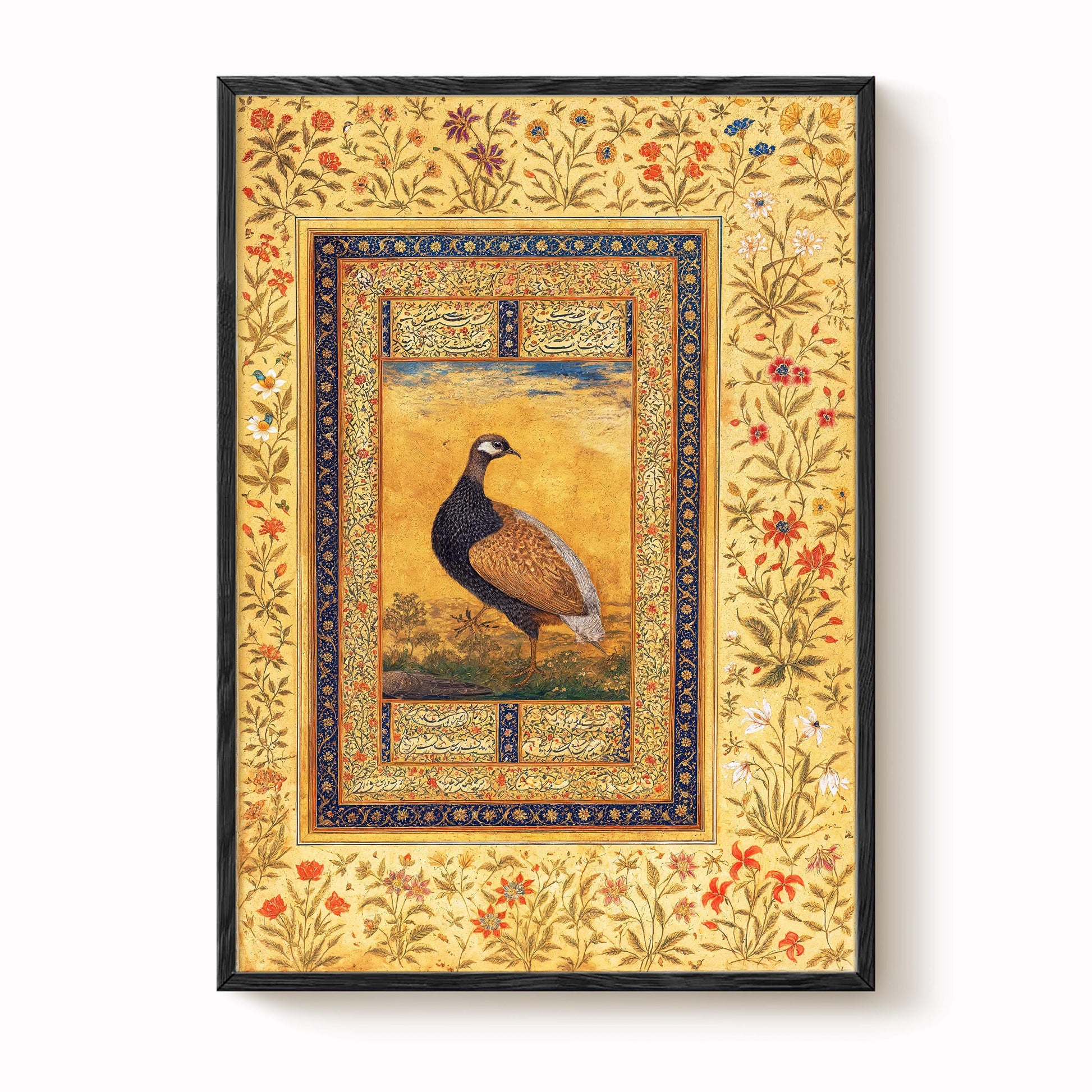 The image is a framed painting featuring a detailed illustration of a bird, possibly a pheasant, set against a background of flowers and foliage.