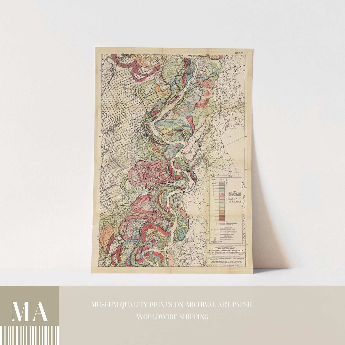 Harold Fisk Mississippi River Map Print, Caruthersville, MO to Osceola, AR, Plate 22, Sheet 4