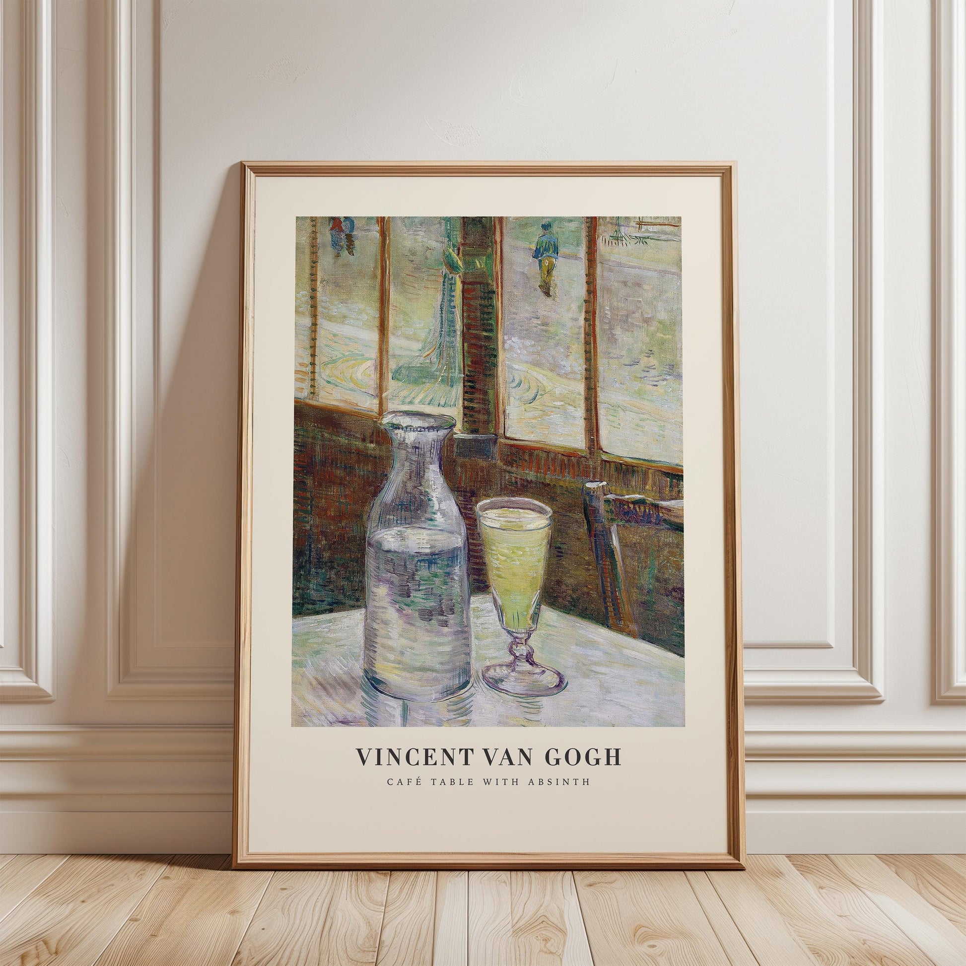The image is a framed painting depicting a table with a glass bottle and a glass of wine, set against a window.